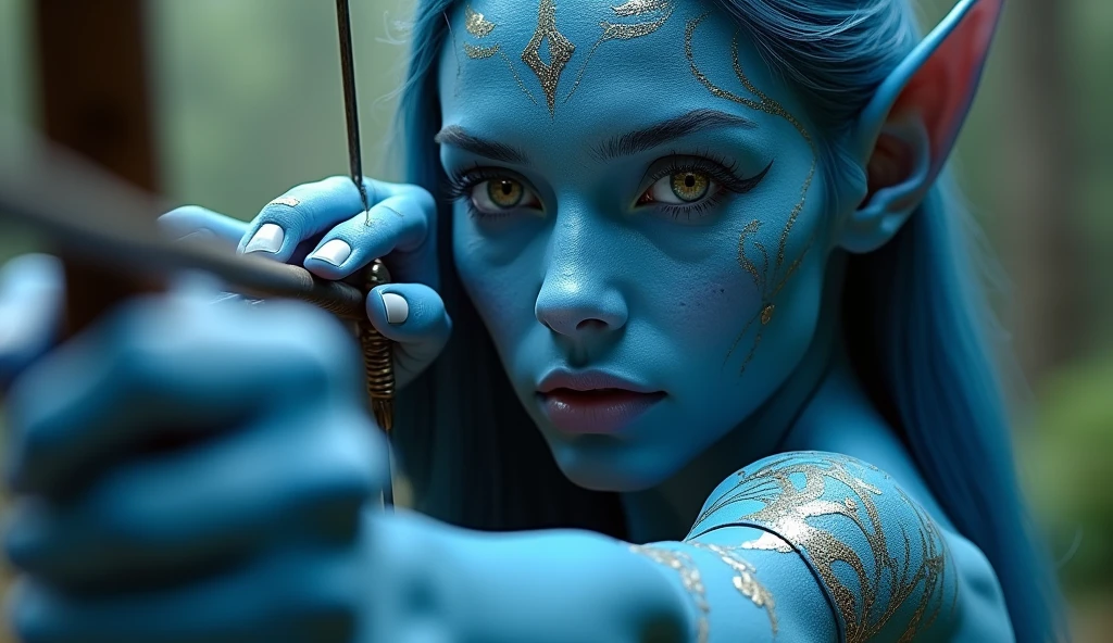 a close up of a person with a bow and a body painted like a woman, fantasy movie still, beautiful avatar pictures, still from a fantasy movie, stunning vfx, vfx art, blue elf, epic vfx shot, vfx action shot, highly detailed vfx, cinematic goddess shot, blue-skinned elf, cinematic digital art, avatar image, vfx shot, hper realistic image