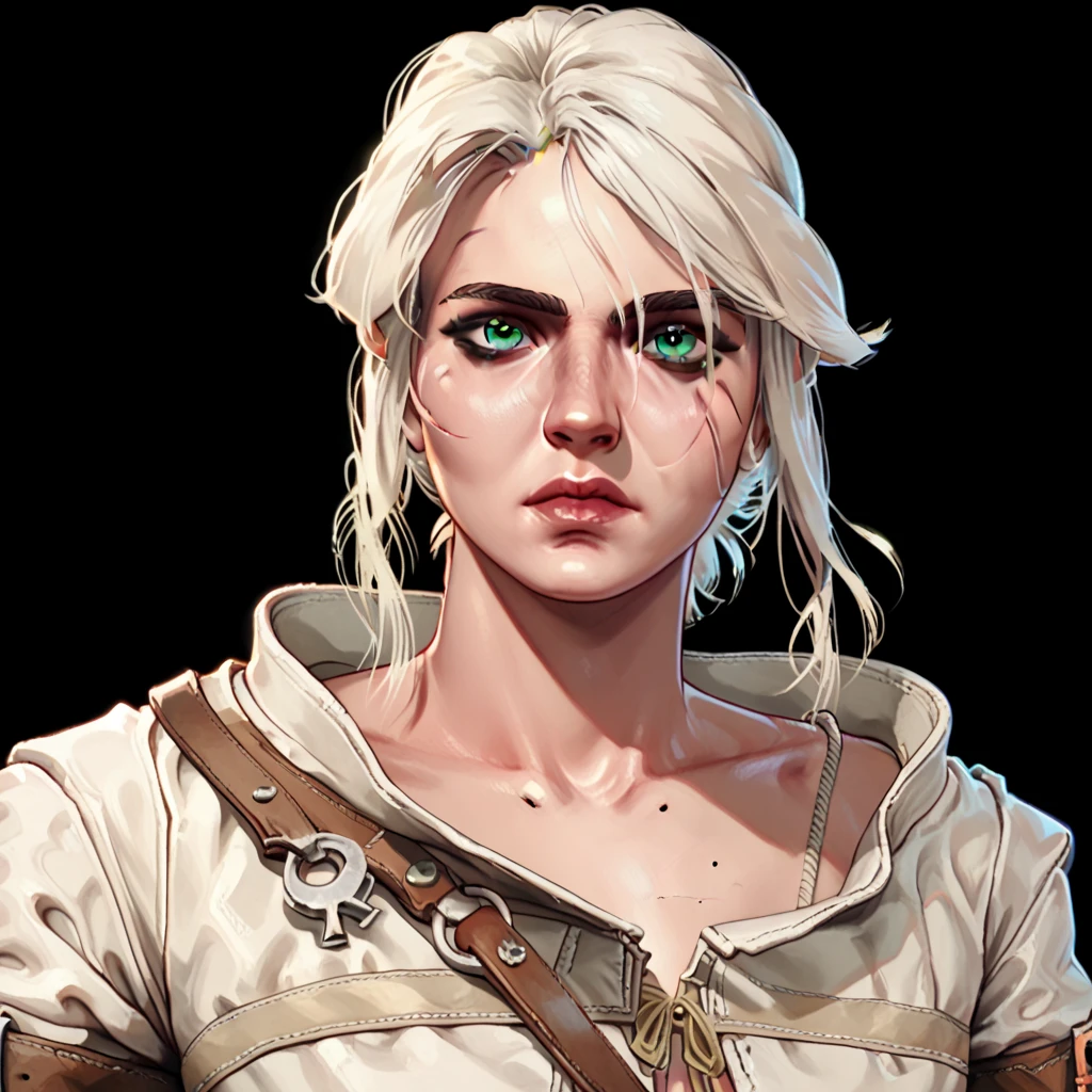 one woman, ciri, (green eyes:1.2), white hair, (upper body:1.3), (black background, clear background:1.5), (white military jacket:1.2), (studio lights, deep shadows:1.3), (small chest:1.2)