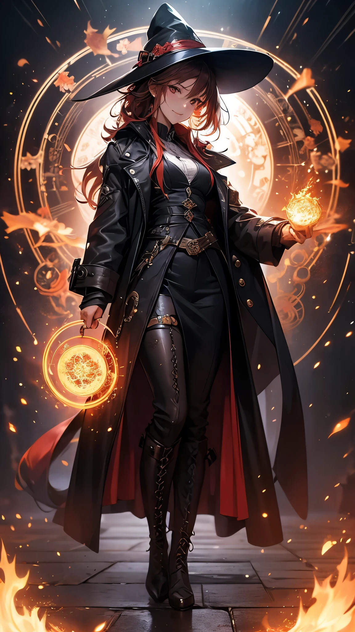 (( top quality)),( ultra high definition),( more details),( detailed explanation ),(( best CG )),( Best Artwork ), Ultra Precision Art,素晴らしい絵画アート,(Exquisite art:1.5), witch, Leather Long Coat, lace-up long boots, frill shirt , Fearless Smile , Magic Circle of Hellfire , flame, Tornado of Fire, Flying sparks