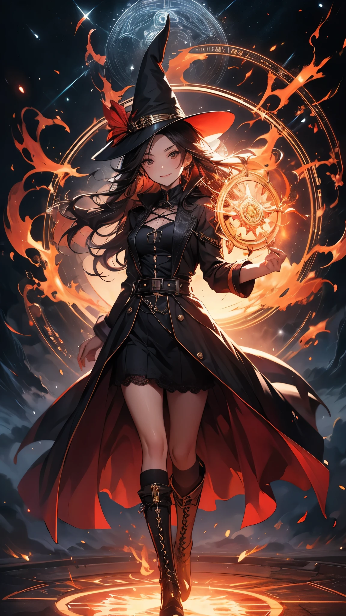 (( top quality)),( ultra high definition),( more details),( detailed explanation ),(( best CG )),( Best Artwork ), Ultra Precision Art,素晴らしい絵画アート,(Exquisite art:1.5), witch, Leather Long Coat, lace-up long boots, frill shirt , Fearless Smile , Magic Circle of Hellfire , flame, Tornado of Fire, Flying sparks