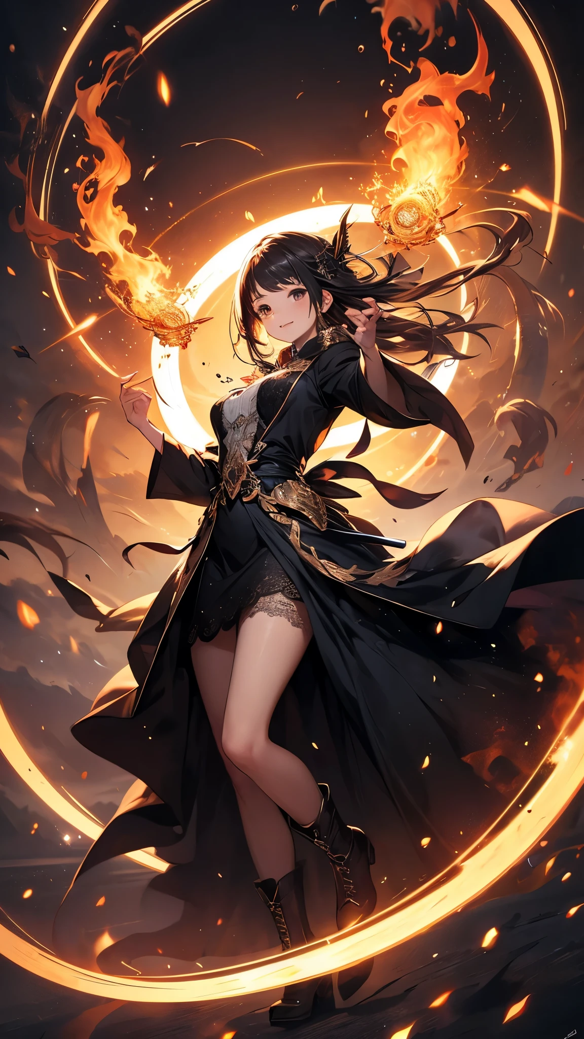 (( top quality)),( ultra high definition),( more details),( detailed explanation ),(( best CG )),( Best Artwork ), Ultra Precision Art,素晴らしい絵画アート,(Exquisite art:1.5), witch, Leather Long Coat, lace-up long boots, frill shirt , Fearless Smile , Magic Circle of Hellfire , flame, Tornado of Fire, Flying sparks