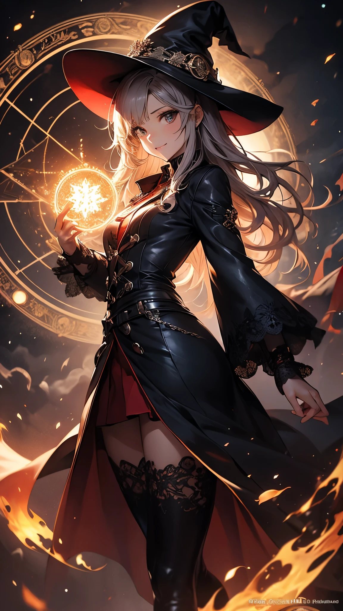 (( top quality)),( ultra high definition),( more details),( detailed explanation ),(( best CG )),( Best Artwork ), Ultra Precision Art,素晴らしい絵画アート,(Exquisite art:1.5), witch, Leather Long Coat, lace-up long boots, frill shirt , Fearless Smile , Magic Circle of Hellfire , flame, Tornado of Fire, Flying sparks