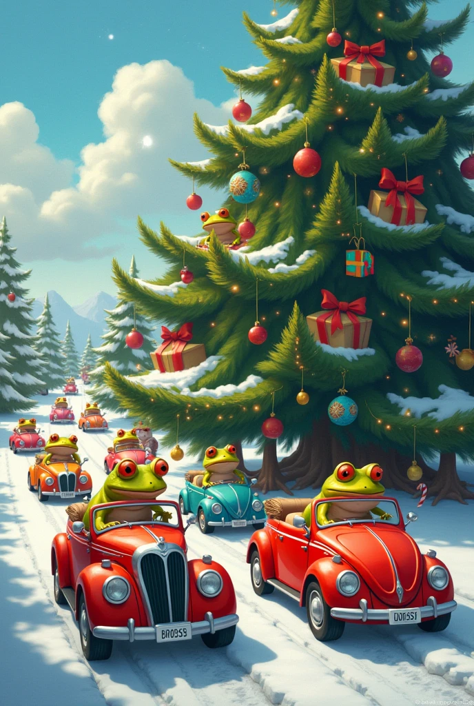 frogs in twelve different convertible cars ride around cristmas tree