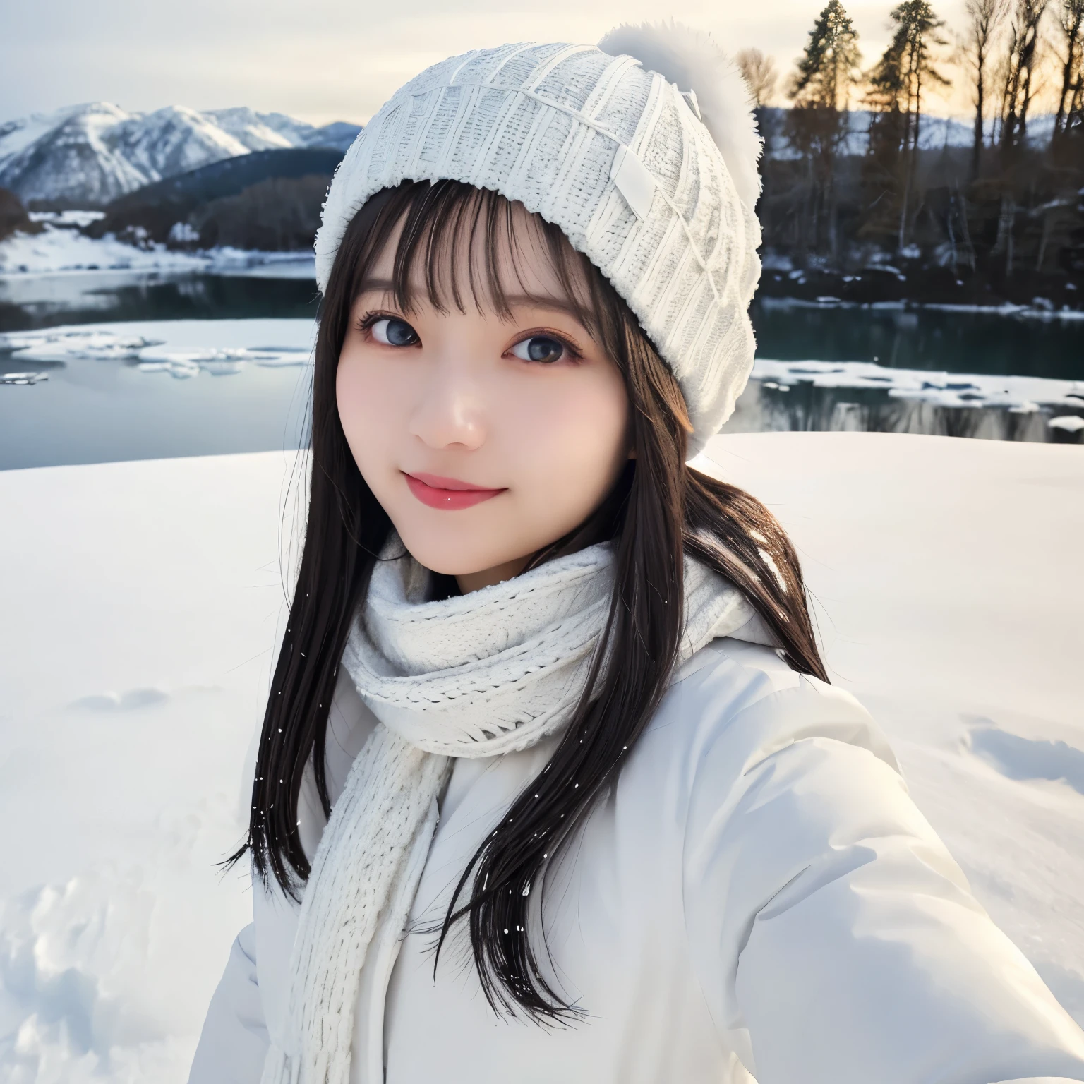  White down jacket , Knitted hat,  White oversized scarf,  Snowy landscape with ice , Picture above the shoulder ,  selfie, Smile, Winter silence and transparency ,  Atmosphere where you can feel the beauty of nature ,  girl, busty,  black hair,  straight hair,  with bangs, 's greatest masterpiece,  professional lighting, Lighting from the front, reflex version