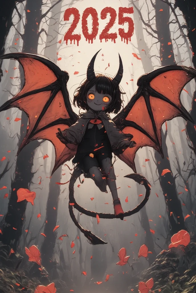 (text written "2025" with bloody font), low-angle, 1 devil\(cute,jet-black skin, crooked large horn, big glowing eyes, scary smile,horror smile, long nail, orange eyes, detailed pupils, yellow sclera, flying in the air, wear capelet\(big,long,Tattered\), backlit, full body, shadowy, \), (petals\(colorful, beautiful, in the air\), many detailed dead trees, in the forest, beautiful moon, great landscape,) horror mood, tim burton style