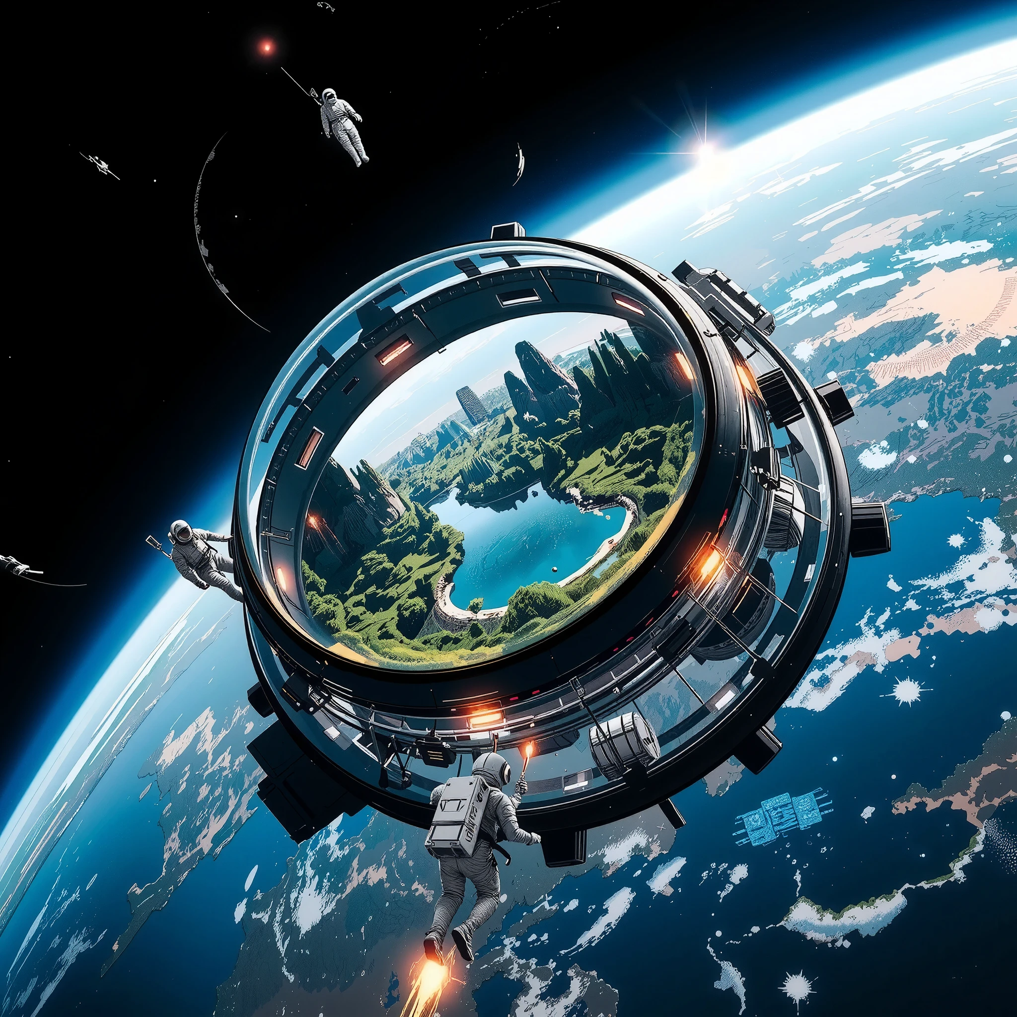 A massive ring-shaped space colony is floating serenely in the vastness of space, with Earth as its breathtaking backdrop. The colony's transparent glass domes reveal an artificial paradise inside, complete with lush forests and shimmering lakes. Astronauts in futuristic suits are seen gracefully floating around the colony, diligently performing maintenance tasks. The scene is set during dawn, with the first rays of sunlight gently illuminating both the Earth and the colony, while the glowing lights from the colony’s interior spill outward. The artwork features a high level of detail, blending sci-fi themes with dramatic lighting contrasts, creating a visually stunning and immersive experience.