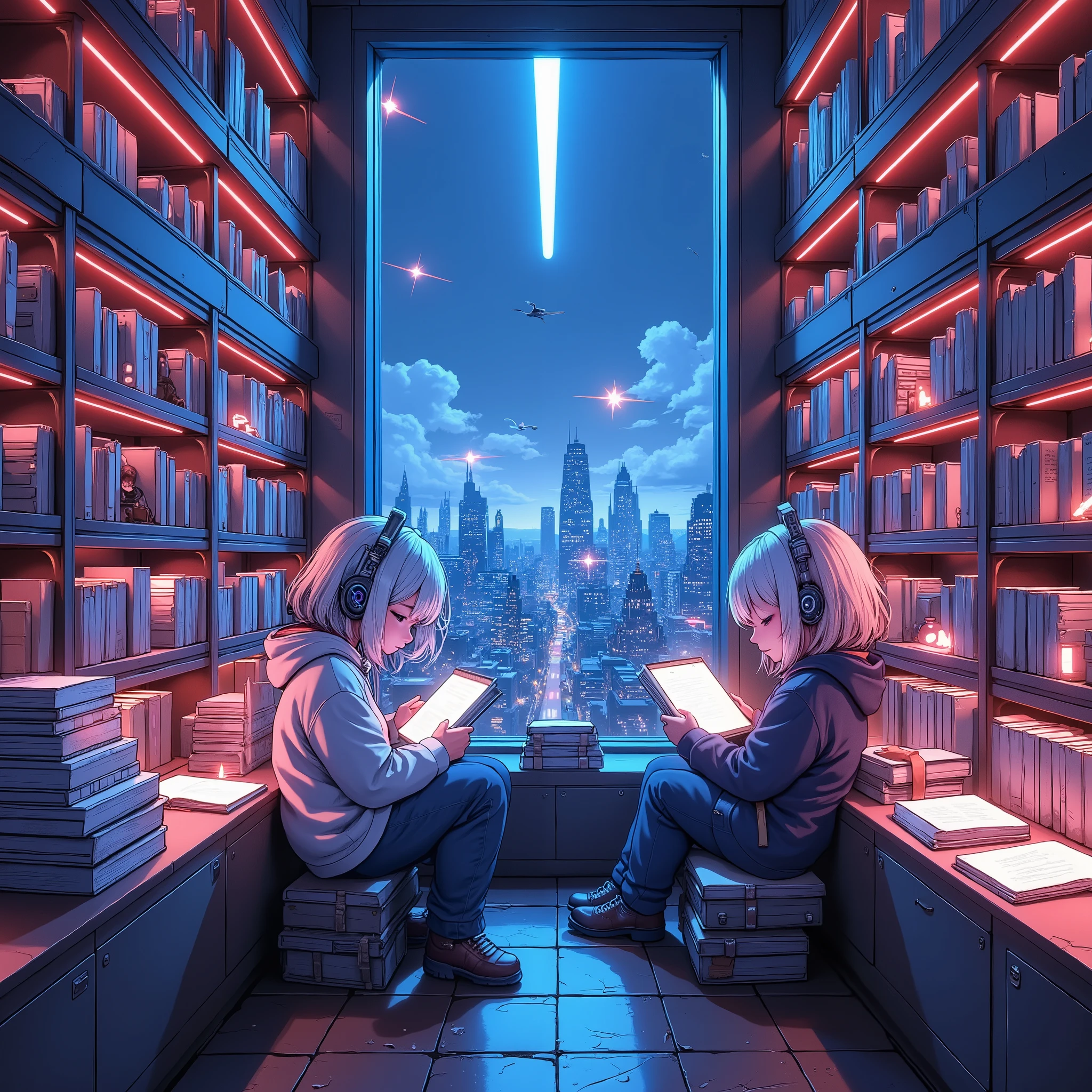 cyberpunk library, glowing neon lights illuminating the bookshelves, digital holographic books stacked in geometric arrangements, futuristic cityscape in the background, characters with cybernetic features reading glowing books, dramatic contrast between bright neon and deep shadows, dynamic lighting, glow effect, ultra-detailed, high-tech fantasy
