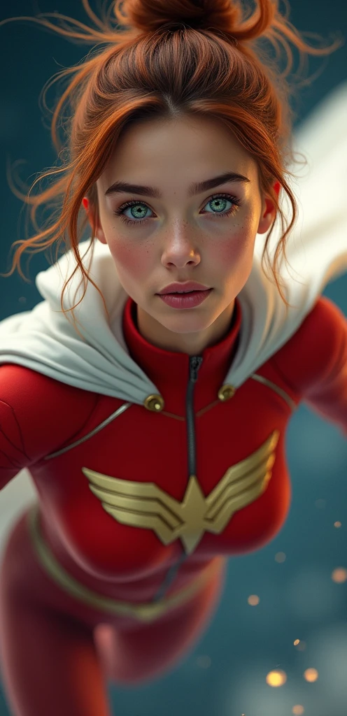 young superhero woman, pale green eyes, thick dark eyebrows, freckles, scar across eyebrow, athletic toned body, wearing red superhero suit, with gold patterns, accented with white and silver, gold bird symbol across , wearing white cape Messy bun, auburn hair, flying through space, super Detailed, full body, Textured Skin,
