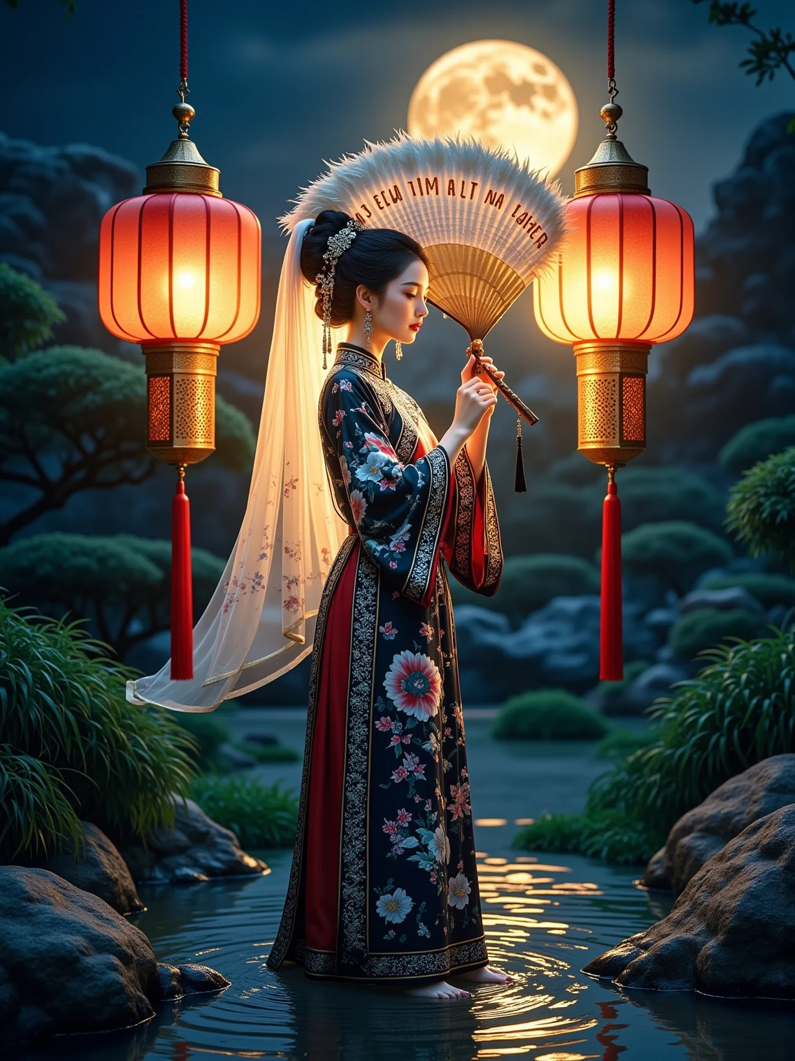 Thousands of feet of draping, light gauze tent, light fluttering, rippled water surface, classical text, moonlight, self-illumination, a woman dressed in ancient style playing the flute underneath, silhouette effect, blue and red tones, high definition