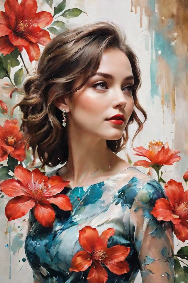 Create a contemporary portrait of Watercolor-based paint, (((pictured from the knees
up))) a masterpiece. beautiful realistic woman,
detailed face, crystal clear amber eyes, red lipstick
flowing brown hair, delicate earrings and necklace
shiny red and black satin floral dress, exposed
shoulders, flowers background, stunning image,
watercolor bokeh hues background, UHD. in the
expressive and painterly style of Malcolm Liepke. Dynamic
brushstrokes and a focus on capturing the depth and
texture characteristic of Liepke's work.Use light pink and bright
blue for the highlights , create shadows and
depth, evoking a sense of modern
elegance and
emotional intensity