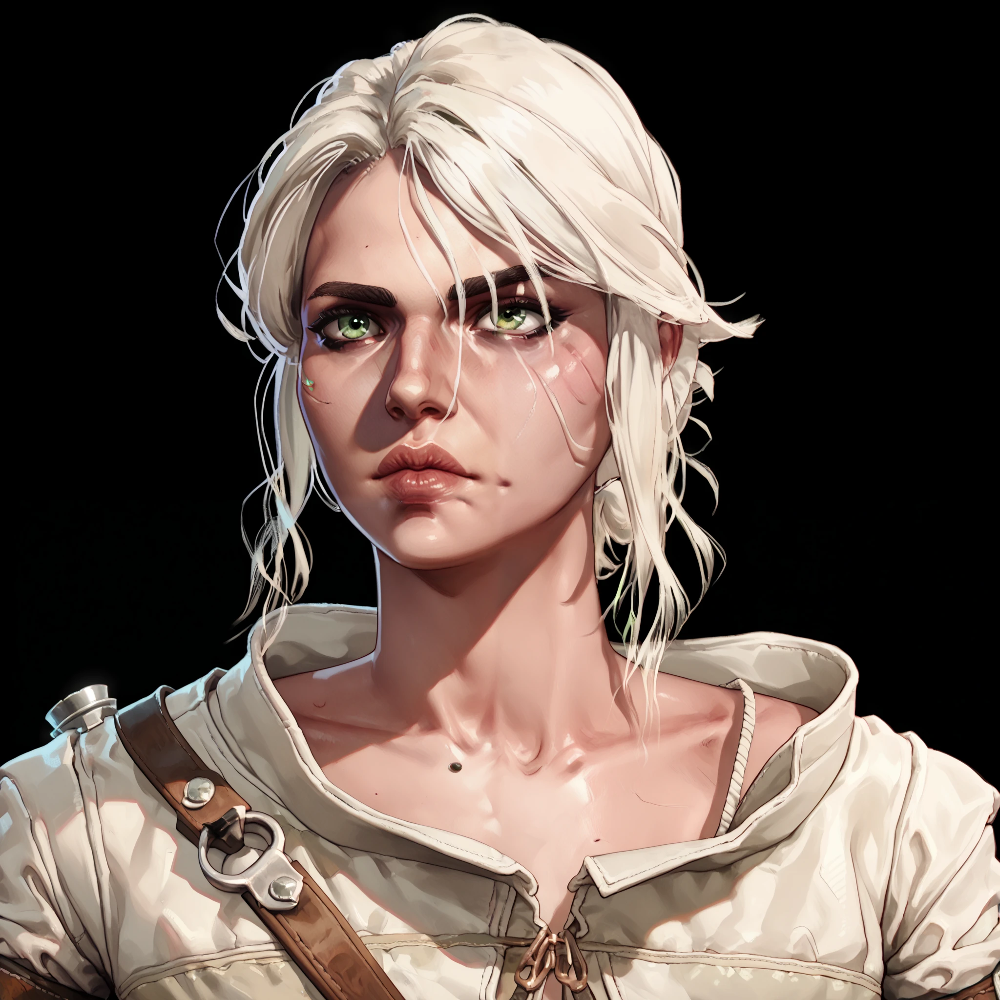 one woman, ciri, (green eyes:1.2), white hair, (upper body:1.3), (black background, clear background:1.5), (white military jacket:1.2), (studio lights, deep shadows:1.3), (small chest:1.2)