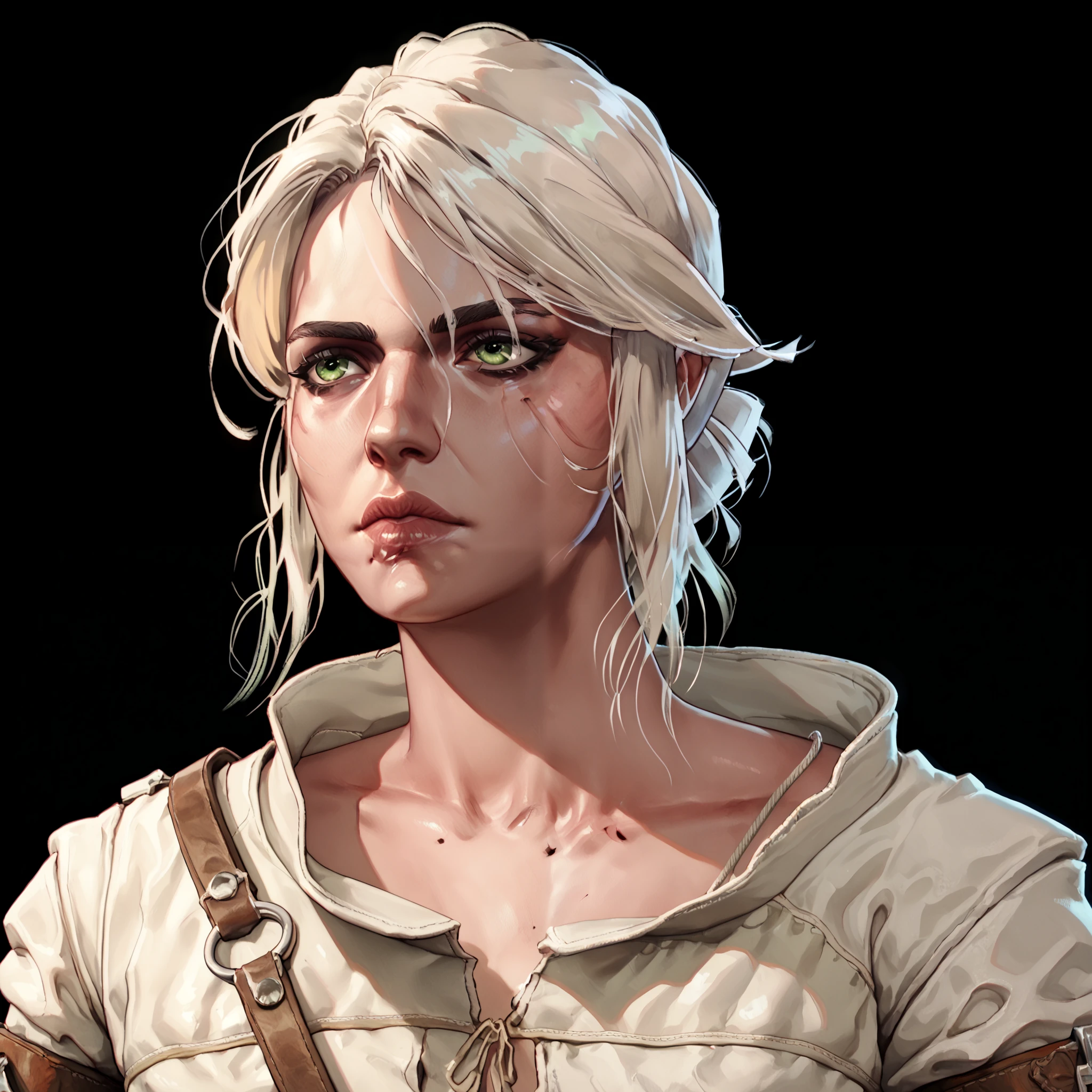 one woman, ciri, (green eyes:1.2), white hair, (upper body:1.3), (black background, clear background:1.5), (white military jacket:1.2), (studio lights, deep shadows:1.3), (small chest:1.2)