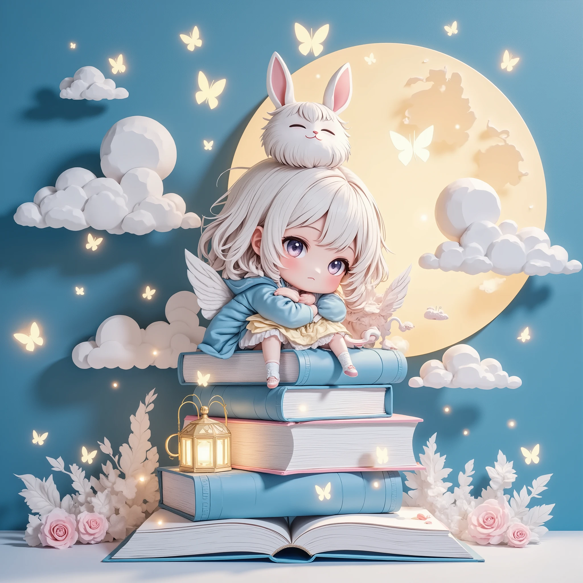 papercut style, whimsical layered paper design, books stacked as if crafted from cut-out paper, characters with soft pastel colors and paper-textured wings, clouds and moon rendered with fine paper edges, glowing lanterns and delicate butterflies, dreamlike atmosphere, intricate cut-out details, soft and playful aesthetic
