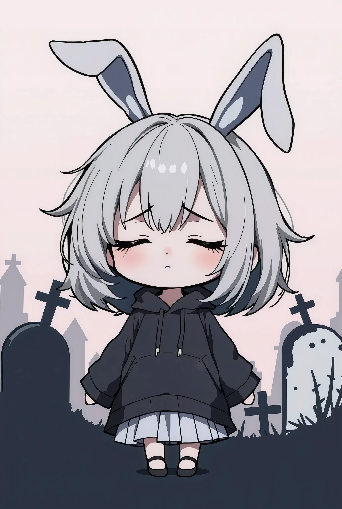 Flat Design, Silhouette Art,anime style, 1chibi character\(short hair, bunny ears, closed eyes,white skin,peaceful expression,[monochrome,dark gothic illustration:Pastel gradation color,dreamy illustration:0.3],\),solo,gentle glow, gradient background,gray and soft blue and soft pink,derelict graveyard, focus on silhouette symmetry,best quality, minimalism, simple background, 