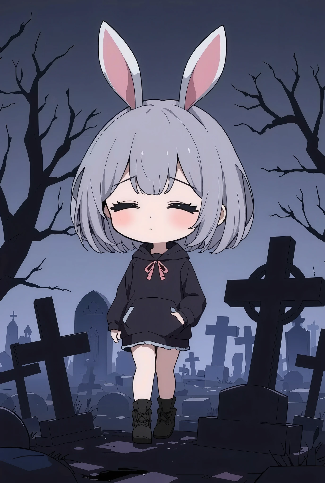 Flat Design, Silhouette Art,anime style, 1chibi character\(short hair, bunny ears, closed eyes,white skin,peaceful expression,[monochrome,dark gothic illustration:Pastel gradation color,dreamy illustration:0.3],\),solo,gentle glow, gradient background,gray and soft blue and soft pink,derelict graveyard, focus on silhouette symmetry,best quality, minimalism, simple background, 