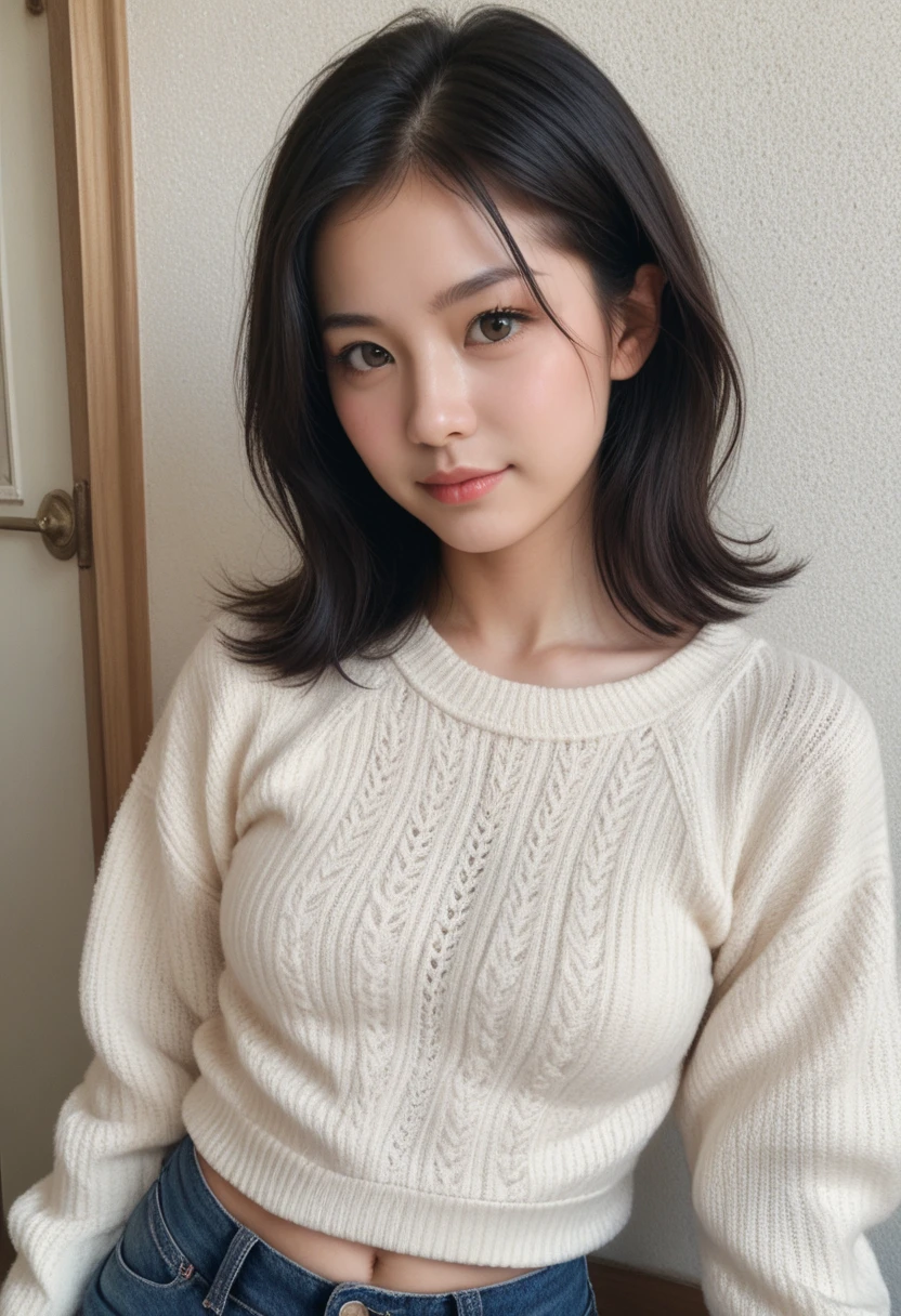 ((Highest quality, 8k, masterpiece :1.3)), One girl, Beautiful woman with slim abdominal muscles :1.3, (Random Hairstyles, Huge breasts :1.2), Casual clothing :1.2, indoor, Highly detailed face, Fine grain, double eyelid、Japanese women