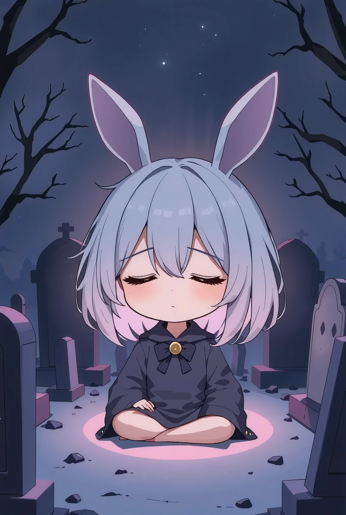 Flat Design, Silhouette Art,anime style, 1chibi character\(short hair, bunny ears, closed eyes,white skin,peaceful expression,[paper craft,dark gothic illustration:Pastel gradation color,dreamy illustration:0.3],\),solo,gentle glow, gradient background,gray and soft blue and soft pink,derelict graveyard, focus on silhouette symmetry,best quality, minimalism, simple background, 