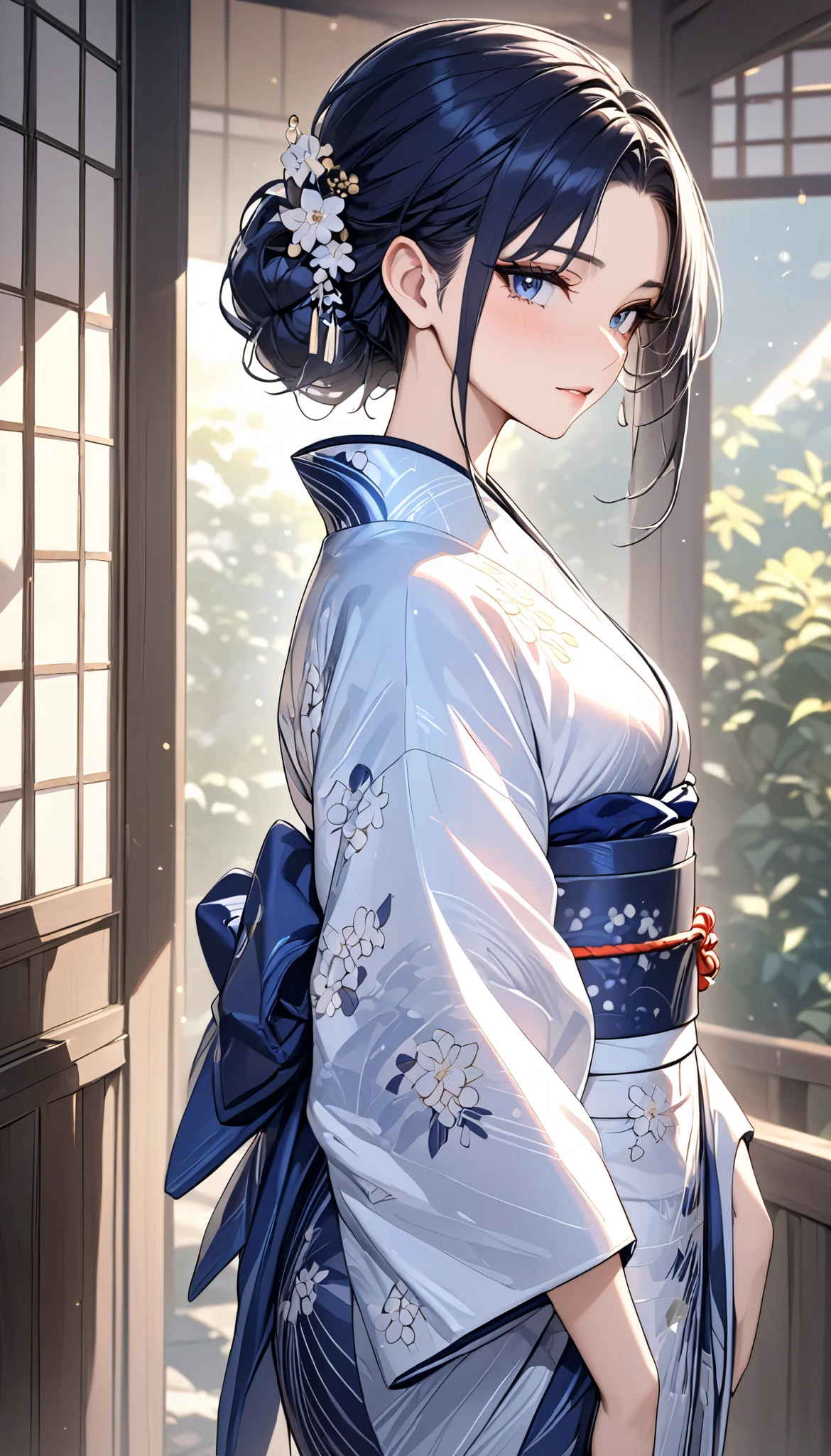 (((Best quality, 8k, Masterpiece: 1.3)), ((best quality)), ((masterpiece)), (detailed), perfect face, dark blue hair, short hair, bangs pinned back, long eyelashes, pointy ears, sparkle, best quality, high quality, high details, award winning, ((super detail)), textured skin, ((masterpiece)), kimono, traditional Japanese clothing, slightly open kimono, 