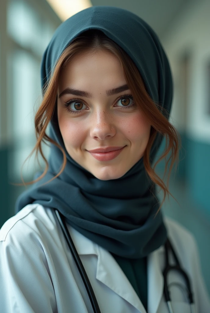 A beautiful Pakistani girl wearing hijab her face is oval her eyes are bulging and color of eyes are blue and she is wearing doctor coat and on the left pocket of coat its written Psychologist