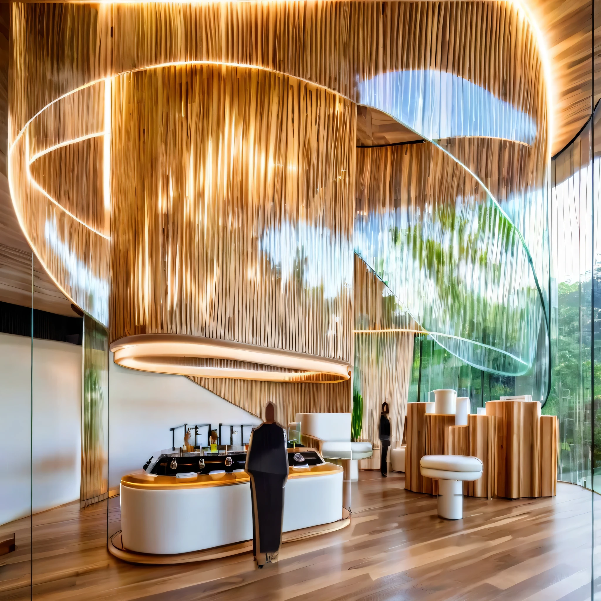 A luxurious modern restaurant interior with a wavy, artistic wooden ceiling design, soft ambient lighting, and large glass windows that overlook lush greenery. The space features a sleek, curved bar at the center surrounded by white chairs and round wooden tables, all set on a polished wooden floor. The atmosphere is elegant and inviting, blending nature with contemporary architecture.
