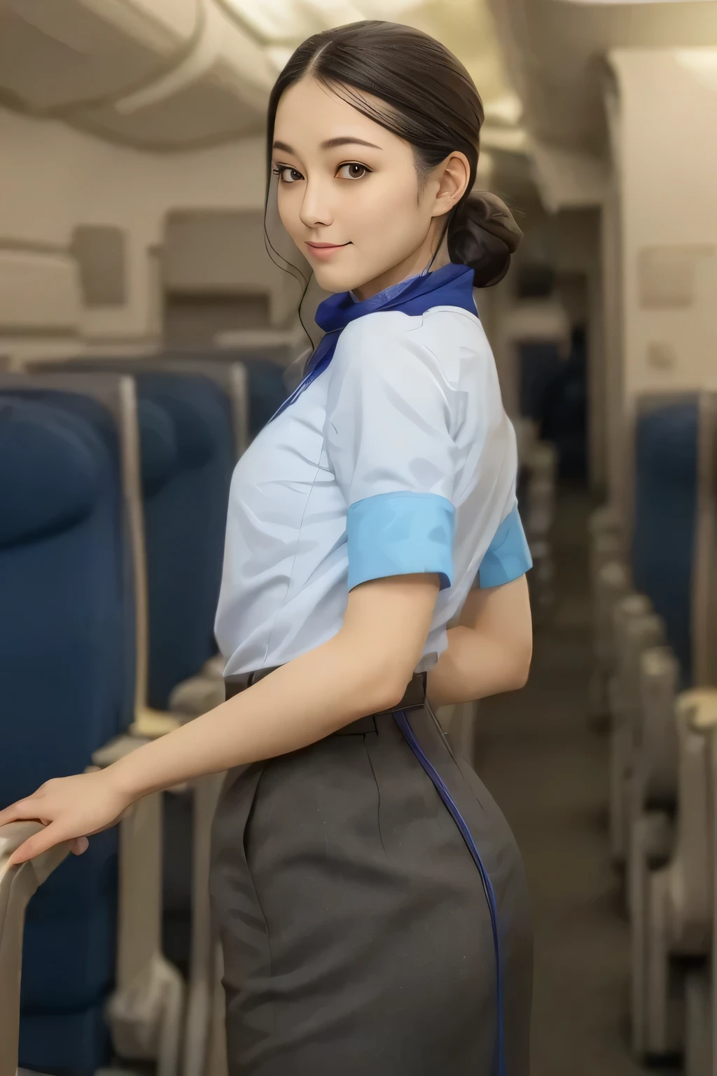 (masterpiece:1.2, top quality:1.2), 32kHDR,  high definition 。  perfect for loosely aligning legs  , (alone、  1 girl)、（ Rooftop of a building during the day 、 Professional writing ）、  against the roof of a building  、（ANA cabincrew uniform blue wear 、 real style  ）、（（ ANA cabincrew uniform blue short sleeve blouse  、 ANA cabincrew uniform blueの後ろに青いラインが入ってるスカート、 Put a scarf around your neck ））、  dark brown hair  、（  Super Long Hair Wrap Hair、Braid Wrap Up Hair ）、  long hit 、Big Breasts、Thin legs、（（ Amazing hands  ：2.0）），（（  physique in harmony with the roof of a building  ：1.5）），（（ generally limbs：2.0）），（（generally ：2.0）），（（  Delicate Eyes：2.0）），（（generally eyes ：2.0））)、 smile 、（  ANA cabincrew uniform blue figure showing beautiful back ）、 Place your left hand on the seat 