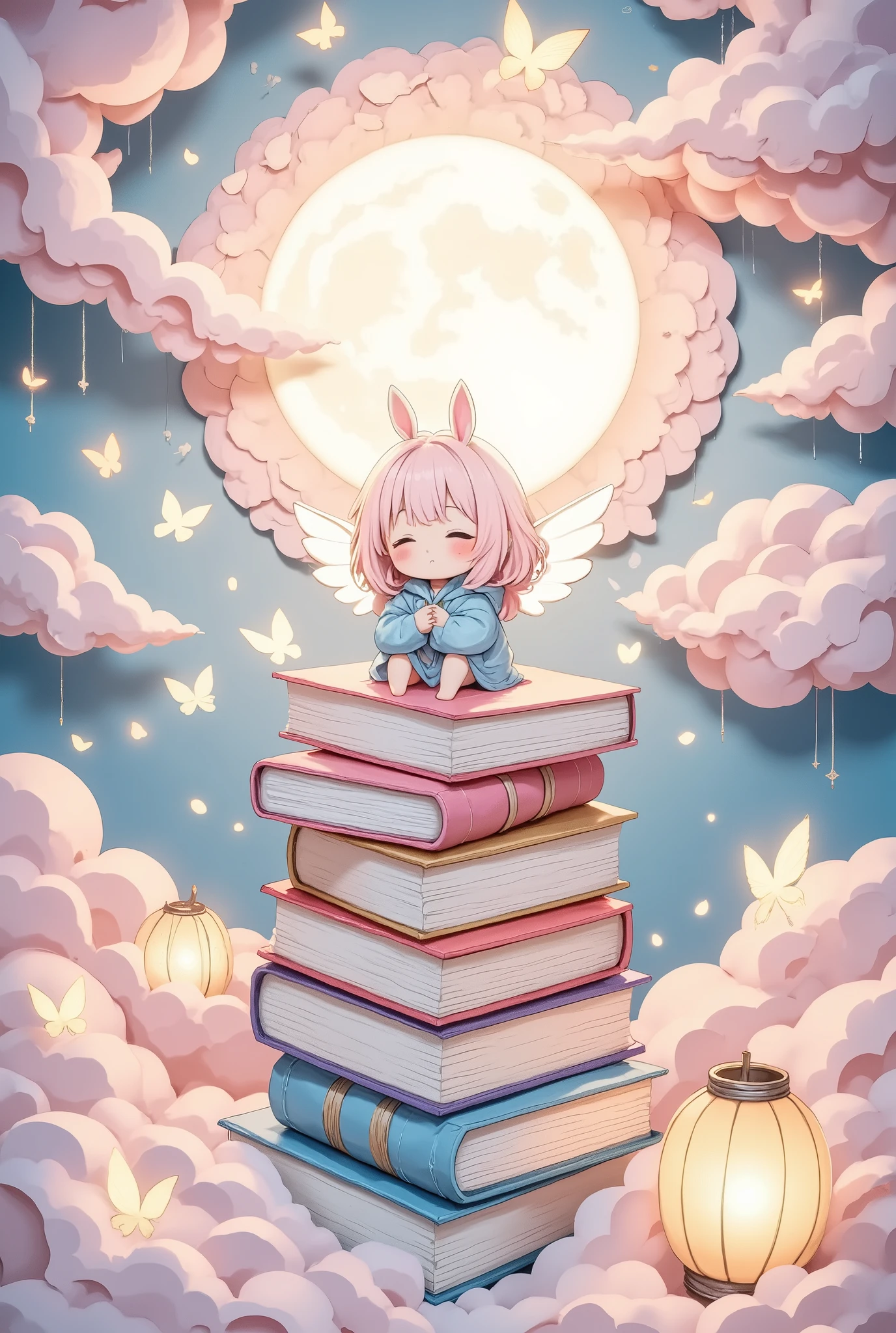 papercut style, whimsical layered paper design, books stacked as if crafted from cut-out paper, 1chibi characters,solo,soft pastel colors and paper-textured wings, clouds and moon rendered with fine paper edges, glowing lanterns and delicate butterflies, dreamlike atmosphere, intricate cut-out details, soft and playful aesthetic
