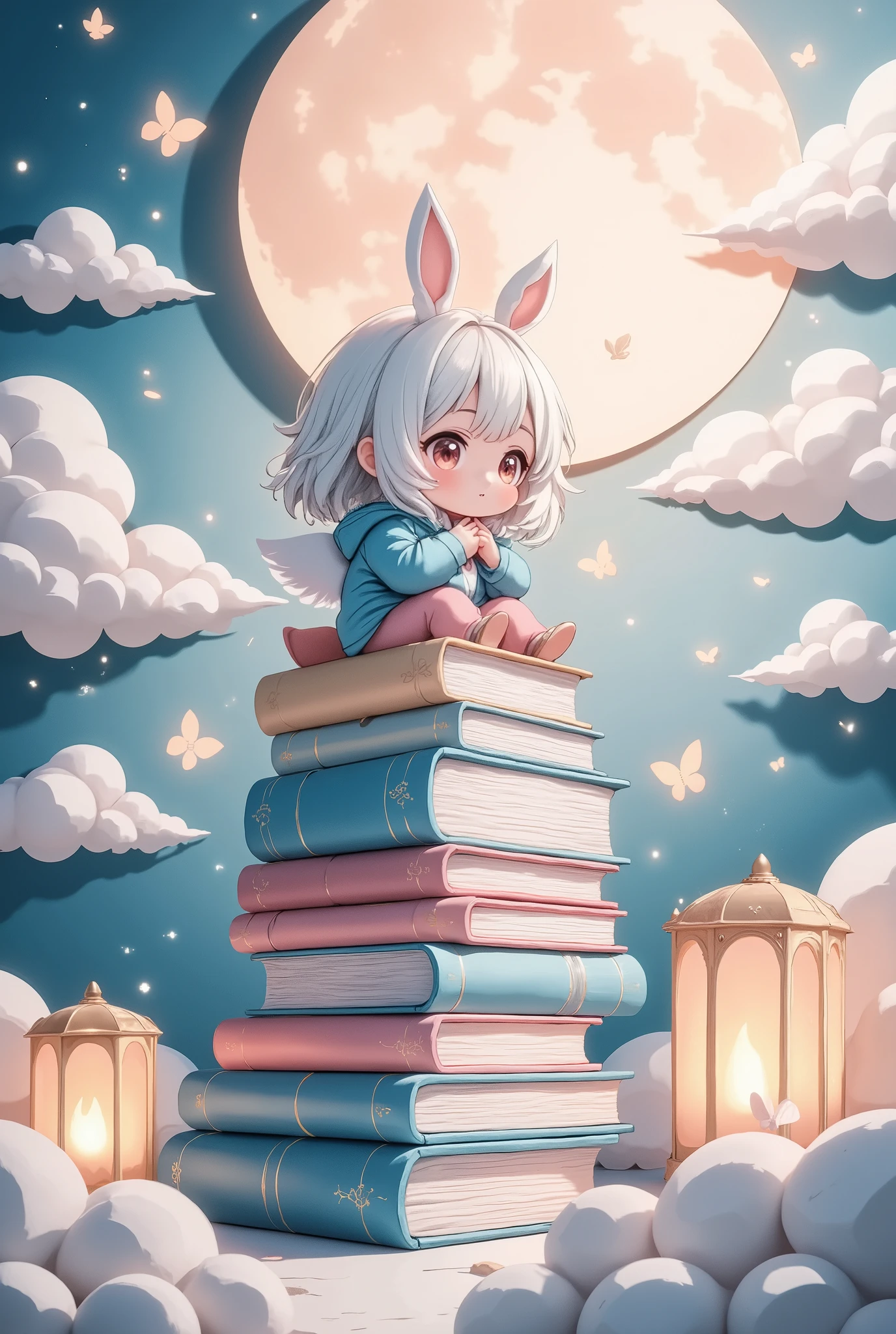 papercut style, whimsical layered paper design, books stacked as if crafted from cut-out paper, 1chibi characters,solo,soft pastel colors and paper-textured wings, clouds and moon rendered with fine paper edges, glowing lanterns and delicate butterflies, dreamlike atmosphere, intricate cut-out details, soft and playful aesthetic
