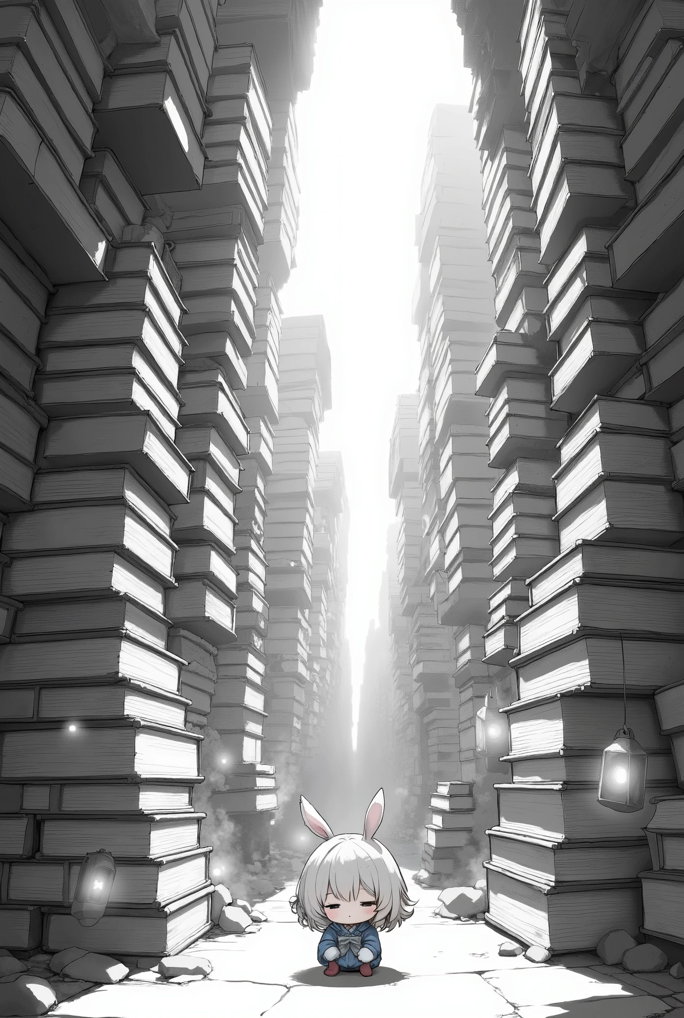 grisaille style, monochromatic grayscale illustration, towering books rendered like ancient sculptures, 1chibi character,solo, sculpted with stone-like textures, glowing lanterns casting dramatic shadows, misty and ethereal atmosphere, intricate shading and depth, soft yet powerful composition