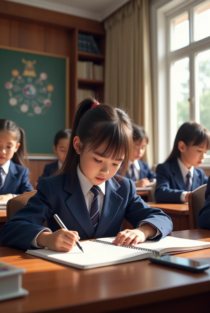 Realistic style, 14-year-old students in midnight blue uniforms are studying physics at blue student desks with math books. 