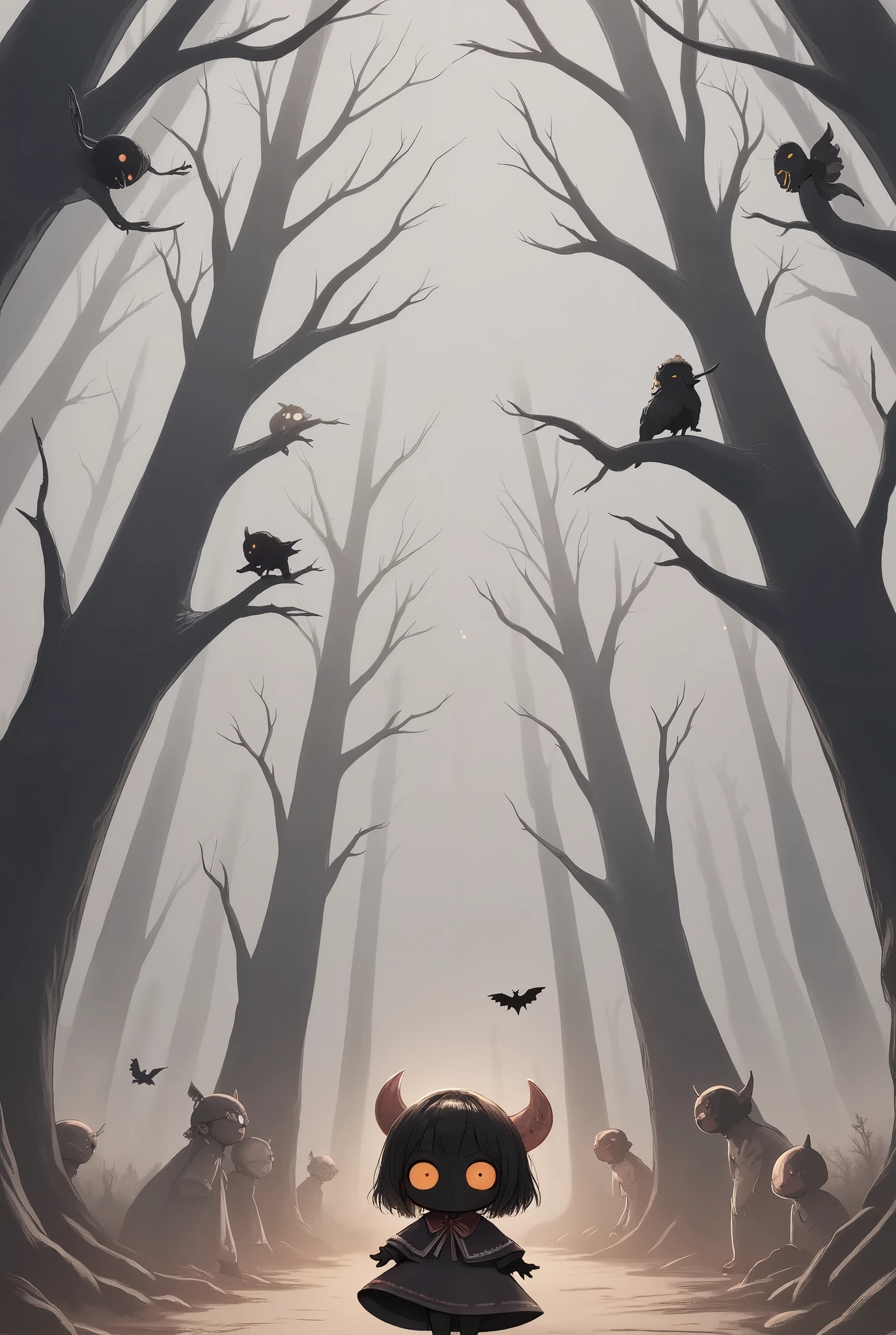 grisaille style, monochromatic grayscale illustration, towering books rendered like ancient sculptures, 1chibi character,solo, sculpted with stone-like textures, glowing lanterns casting dramatic shadows, misty and ethereal atmosphere, intricate shading and depth, soft yet powerful composition