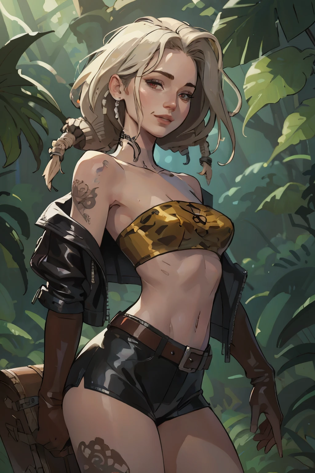 Looks like a young Jennifer Lawrence, she is a necromancer, she is a cute Aztec girl with dreadlocks, sideshave and white highlights, slanted eyes, wide cheeks, pointy chin, young, big red eyes, in a Goth, elaborate latex outfit with lacing, with choker, an intricate corset. Standing in a dark jungle. Looking at the viewer. Masterwork portrait.