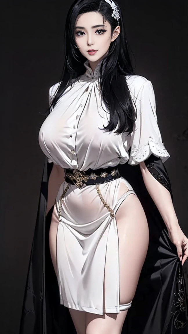 Gray white desert ruins, petite black-haired girl, wearing white religious clothing, clothes wrapped all over the body only face and hands and feet, soft cyberpunk style, her clothes like a broken ghost costume, white tattered cape fluttering in the wind, elegant movie pose, movie goddess lens, with characters as the core, straight eyes.