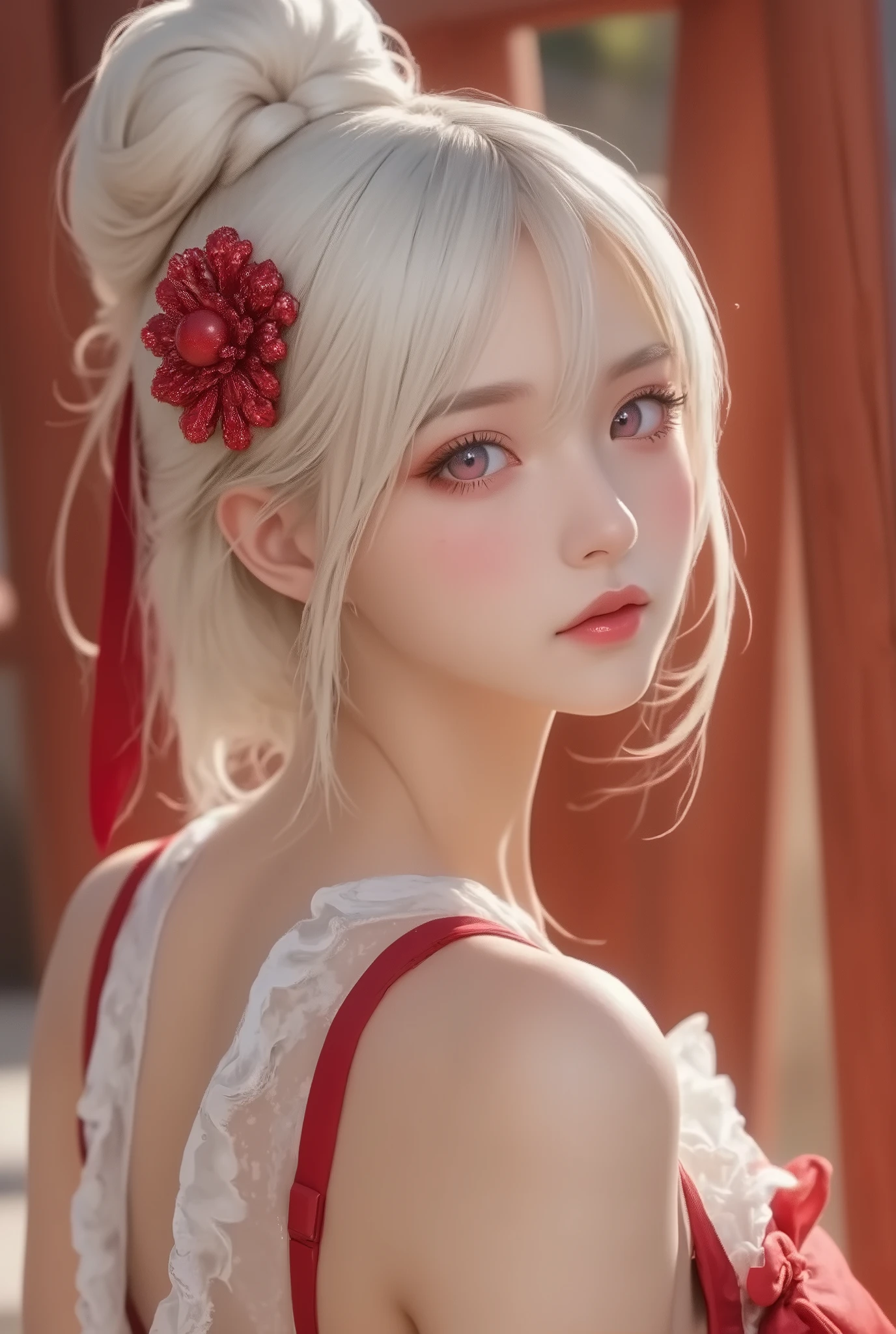 Torii Shrine Welcome Spring Happy New Year's Greetings , Furusou Red Coral Hairpin White Hair Red Eye Hair, full body shot, Detailed Design , Realism ,Raw photo, Photorealistic,