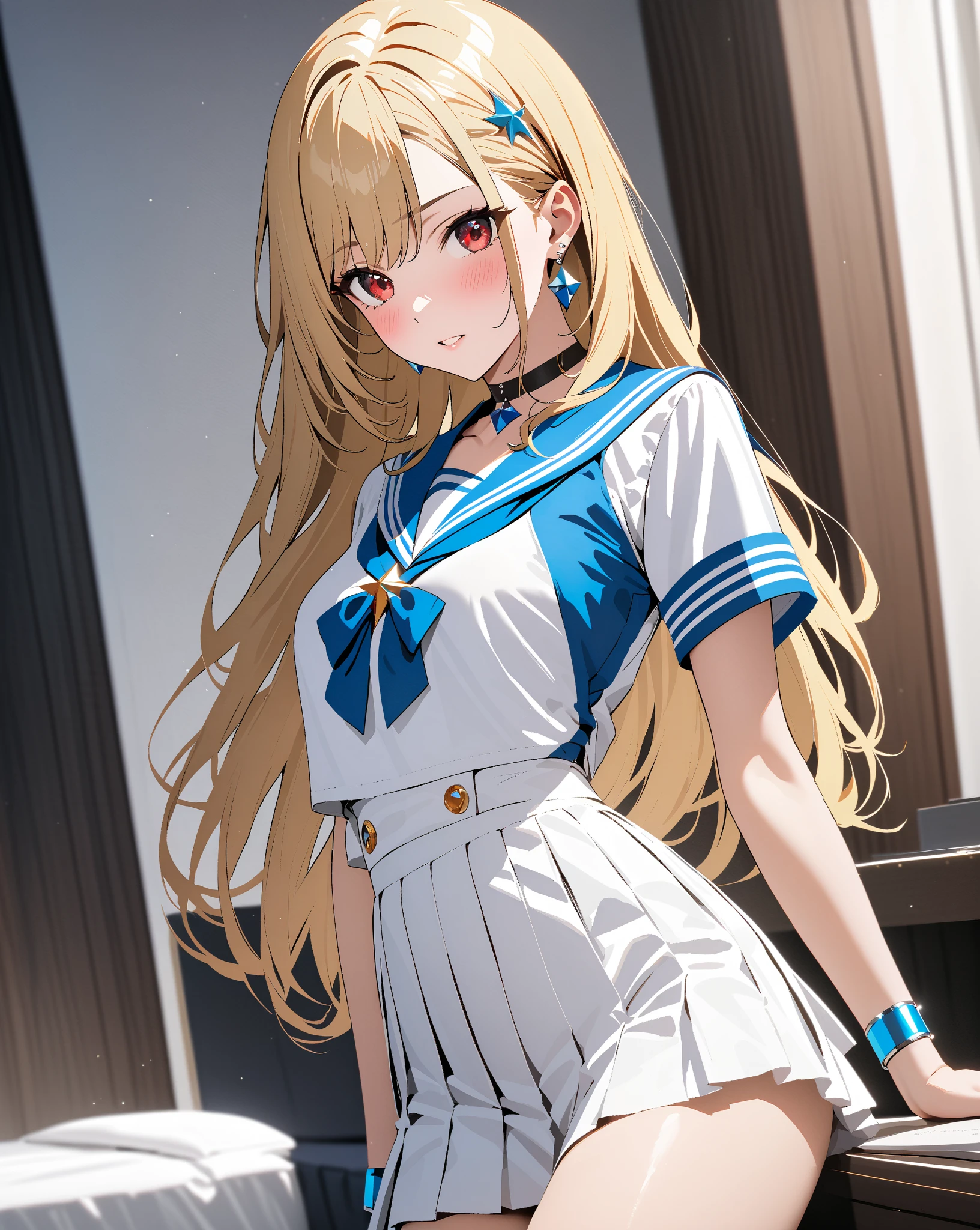 Beautiful long blonde　Blue Eyes　Sailor suit　mini skirt　Pleated skirt　Shyness　Watery eye　prison　dungeon-background　Chained handcuffs　chained to the wall　Handcuffed　arms up