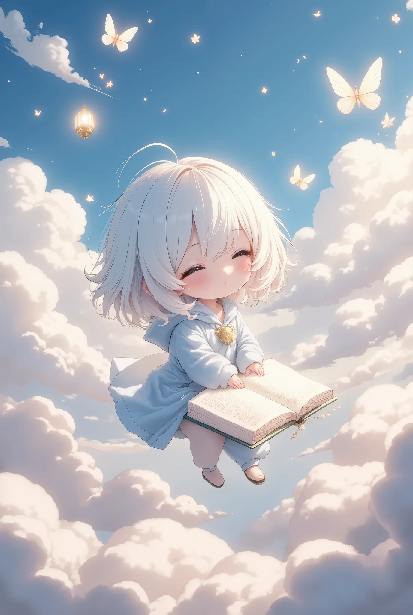 cloud painting style, dreamy and translucent, books floating as if made of clouds, chibi characters,solo,airy and ethereal designs, glowing butterflies and lanterns appearing as wisps of light, soft gradients and delicate textures, magical and serene atmosphere, highly detailed cloud-like elements