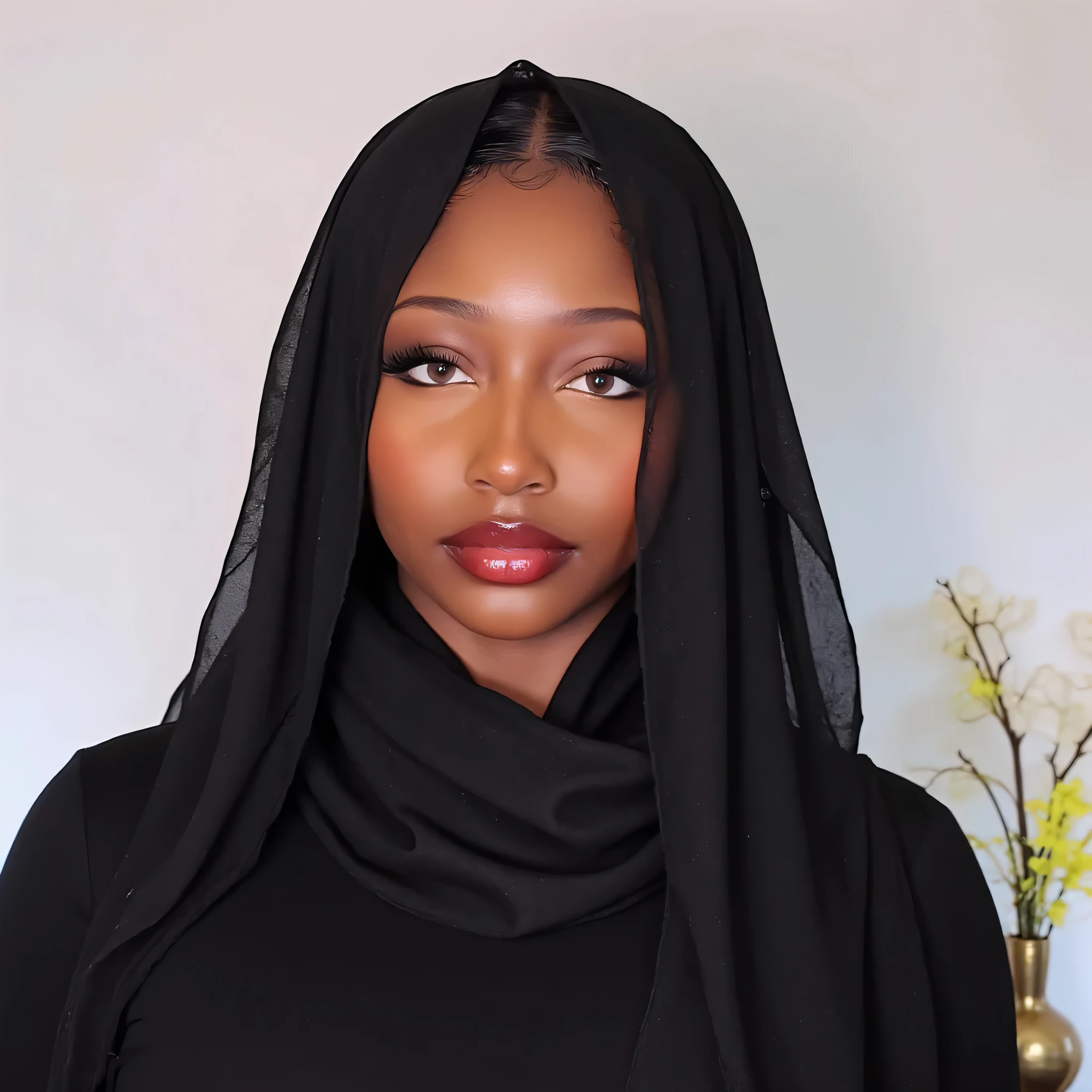 there is a woman wearing a black scarf and a red shirt, african ameera al taweel, with brown skin, close up portrait shot, dark black skin tone, face is wrapped in a black scarf, wrapped in a black scarf, deep black skin, dark black skin, dark skin, dark brown skin, closeup portrait shot, ebony, dark skin tone