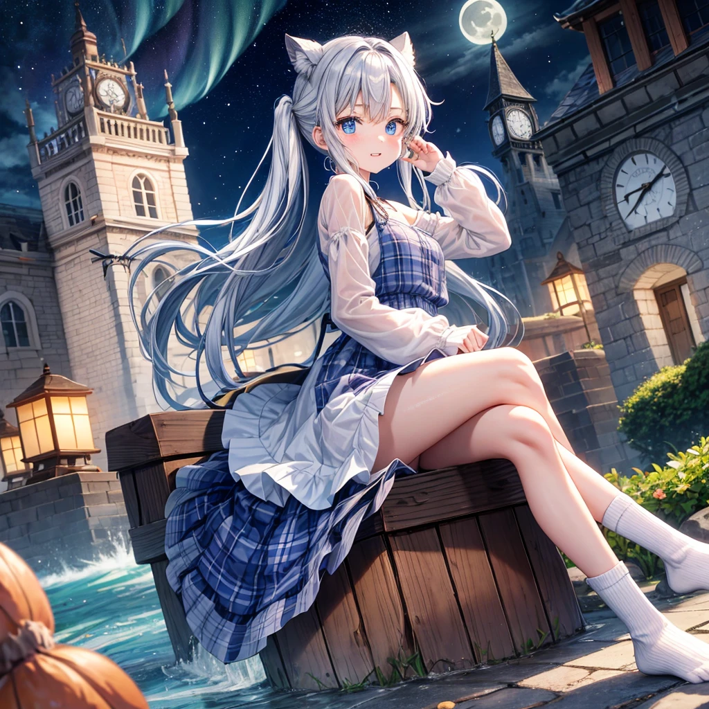 ((Biologically correct limb count)),(( From head to toe,Full-body photo including face)),4K,masterpiece,((Focus on the face)),((Symmetrical facial features)),Eyes with detailed description,Beautiful woman,Great style,Beautiful arms,Beautiful legs,Beautiful Hands,(Small Ass,Thin thighs),Detailed depiction of the face,Small earrings,necklace,(Will school uniform,dress((High heels))),((Outdoors at night, early morning)),(((blue blonde))),Realistic photo,Looking up,smile,((Sitting upright in front of a Western castle,Panty shot)),Nobody is here,(Thick Fog)
