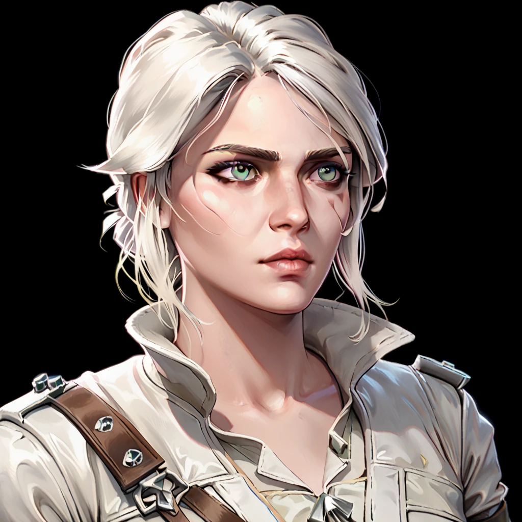 one woman, ciri, (green eyes:1.2), white hair, (upper body:1.3), (black background, clear background:1.5), (white military jacket:1.2), (studio lights, deep shadows:1.3), (small chest:1.2)