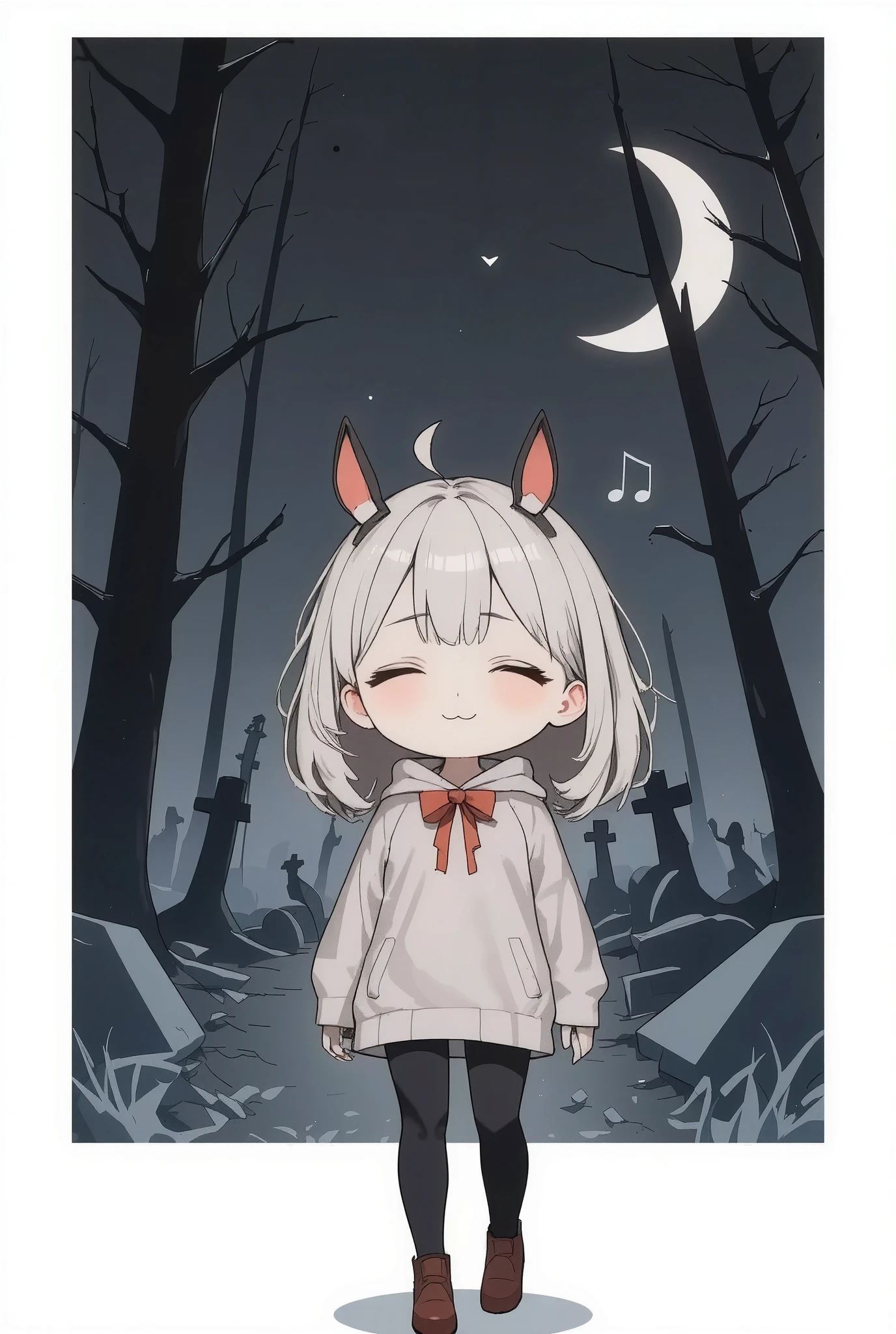 Flat Design, Silhouette Art,anime style, 1chibi character\(short hair, bunny ears, closed eyes,white skin,peaceful expression,[paper craft,dark gothic illustration:Pastel gradation color,dreamy illustration:0.3],\),solo,gentle glow, gradient background,gray and soft blue and soft pink,derelict graveyard, focus on silhouette symmetry,best quality, minimalism, simple background, 