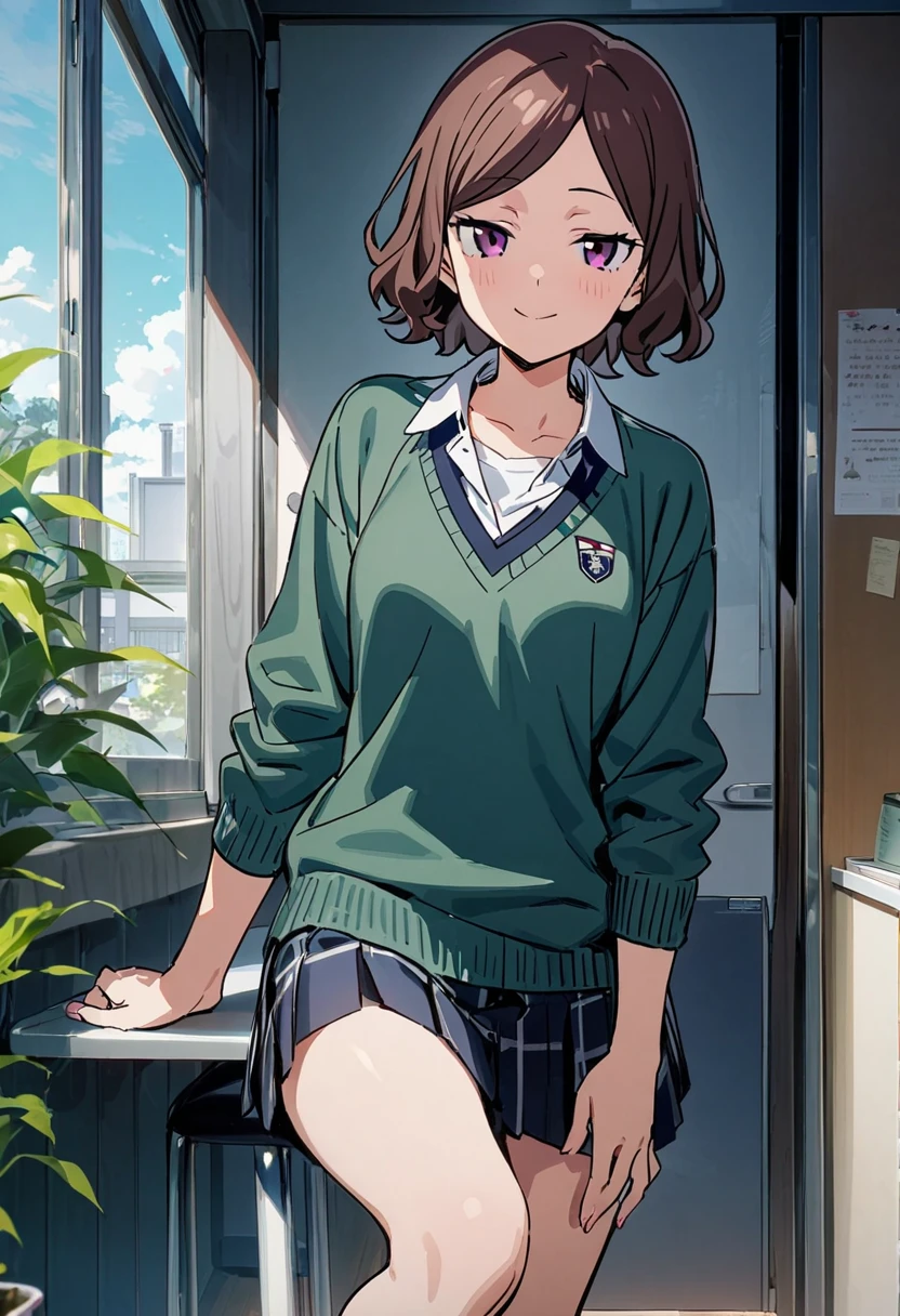   girl , ebizuka tomo, high school girl,Looking straight at the viewer,uniform, knit , shirt ,slouch,whole body,masterpiece,   top quality,smile