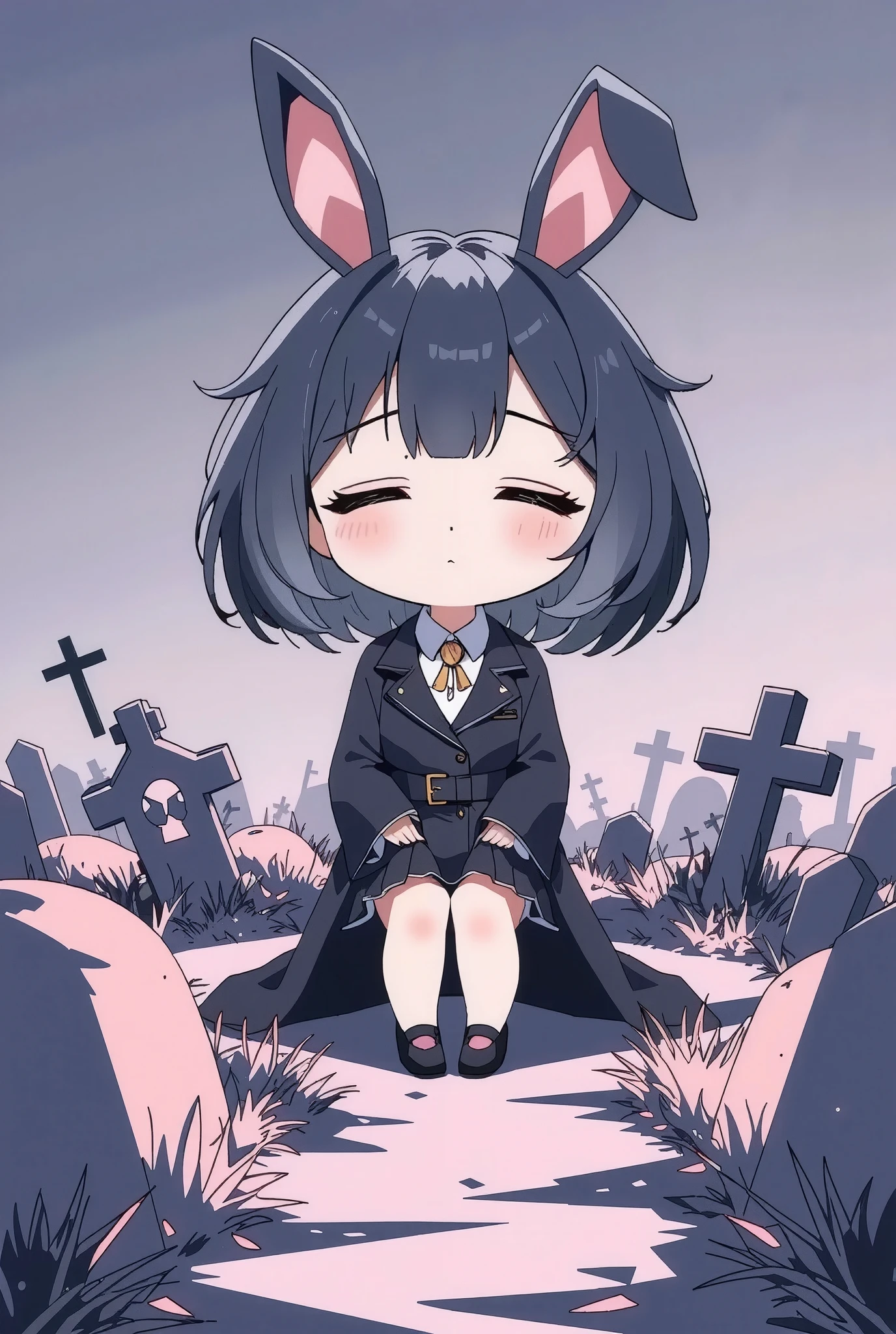 Flat Design, Silhouette Art,anime style, 1chibi character\(short hair, bunny ears, closed eyes,white skin,peaceful expression,[paper craft,grisaille:Pastel gradation color,dreamy Decalcomania:0.3],\),solo,gentle glow, gradient background,gray and soft blue and soft pink,derelict graveyard, focus on silhouette symmetry,best quality, minimalism, simple background, 