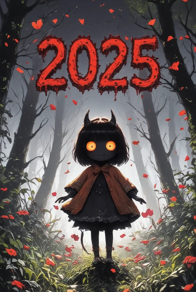 (text written "2025" with bloody font), low-angle, 1 devil\(cute,jet-black skin, crooked large horn, big glowing eyes, scary smile,horror smile, long nail, orange eyes, detailed pupils, yellow sclera, flying in the air, wear capelet\(big,long,Tattered\), backlit, full body, shadowy, \), (petals\(colorful, beautiful, in the air\), many detailed dead trees, in the forest, beautiful moon, great landscape,) horror mood, tim burton style