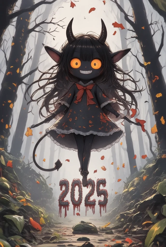 (text written "2025" with bloody font), low-angle, 1 devil\(cute,jet-black skin, crooked large horn, big glowing eyes, scary smile,horror smile, long nail, orange eyes, detailed pupils, yellow sclera, flying in the air, wear capelet\(big,long,Tattered\), backlit, full body, shadowy, \), (petals\(colorful, beautiful, in the air\), many detailed dead trees, in the forest, beautiful moon, great landscape,) horror mood, tim burton style