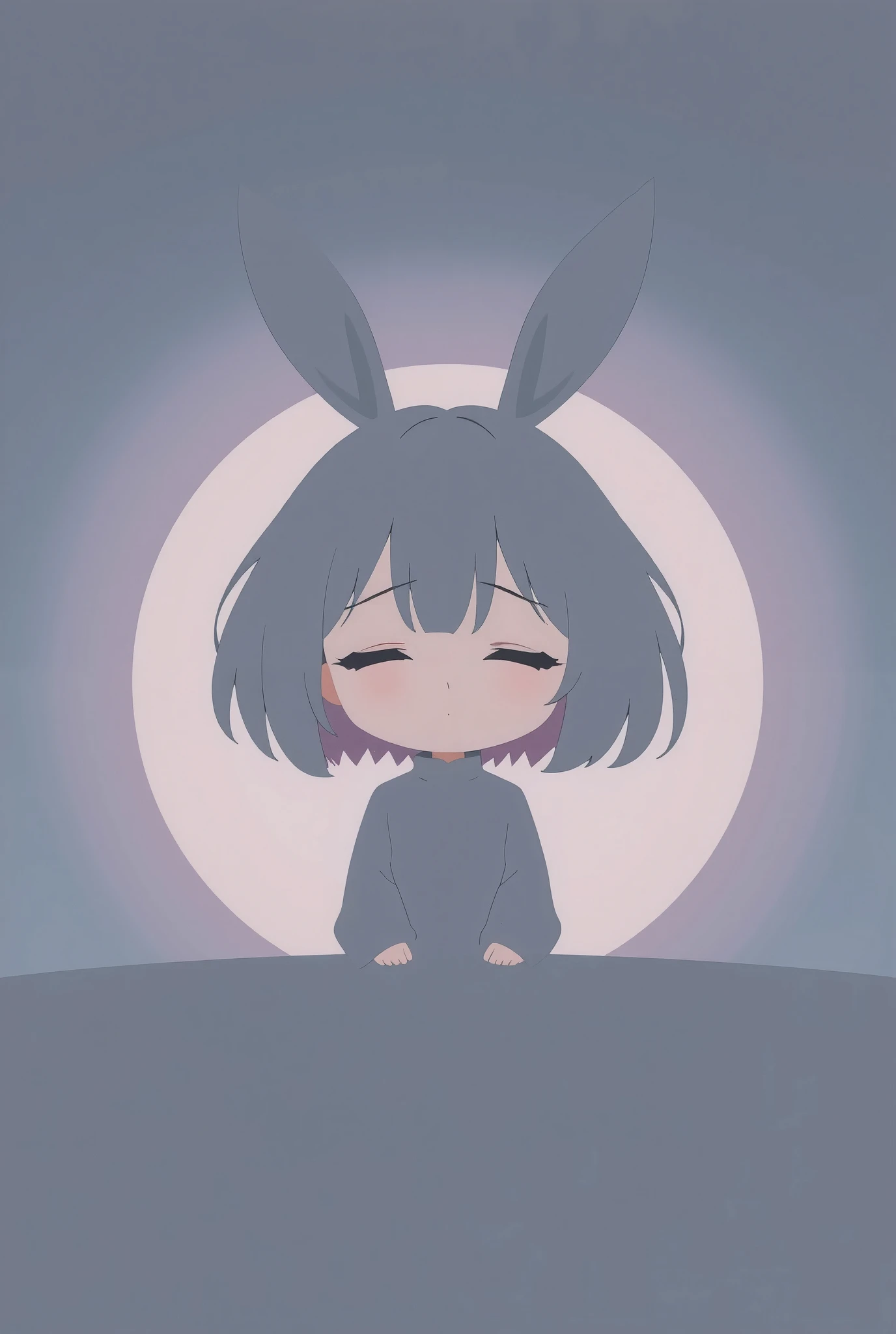 Flat Design, Silhouette Art,anime style, 1chibi character\(short hair, bunny ears, closed eyes,white skin,peaceful expression,[paper craft,grisaille:Pastel gradation color,dreamy Decalcomania:0.3],\),solo,gentle glow, gradient background,gray and soft blue and soft pink, focus on silhouette symmetry,best quality, minimalism, simple background, 