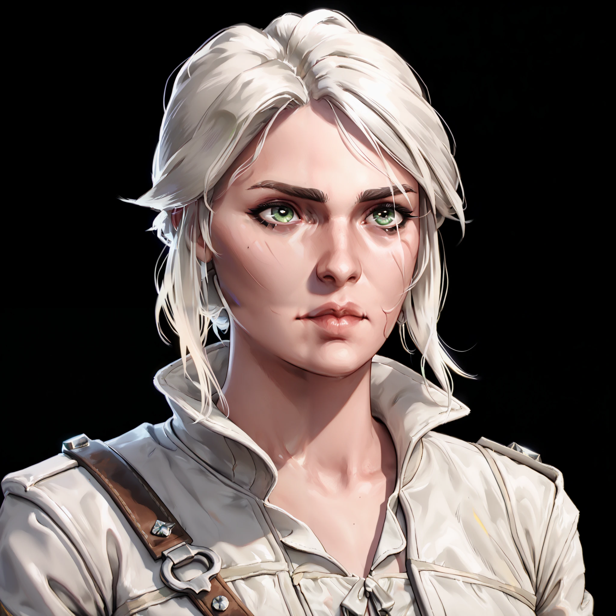 one woman, ciri, (green eyes:1.2), white hair, (upper body:1.3), (black background, clear background:1.5), (white military jacket:1.2), (studio lights, deep shadows:1.3), (small chest:1.2)