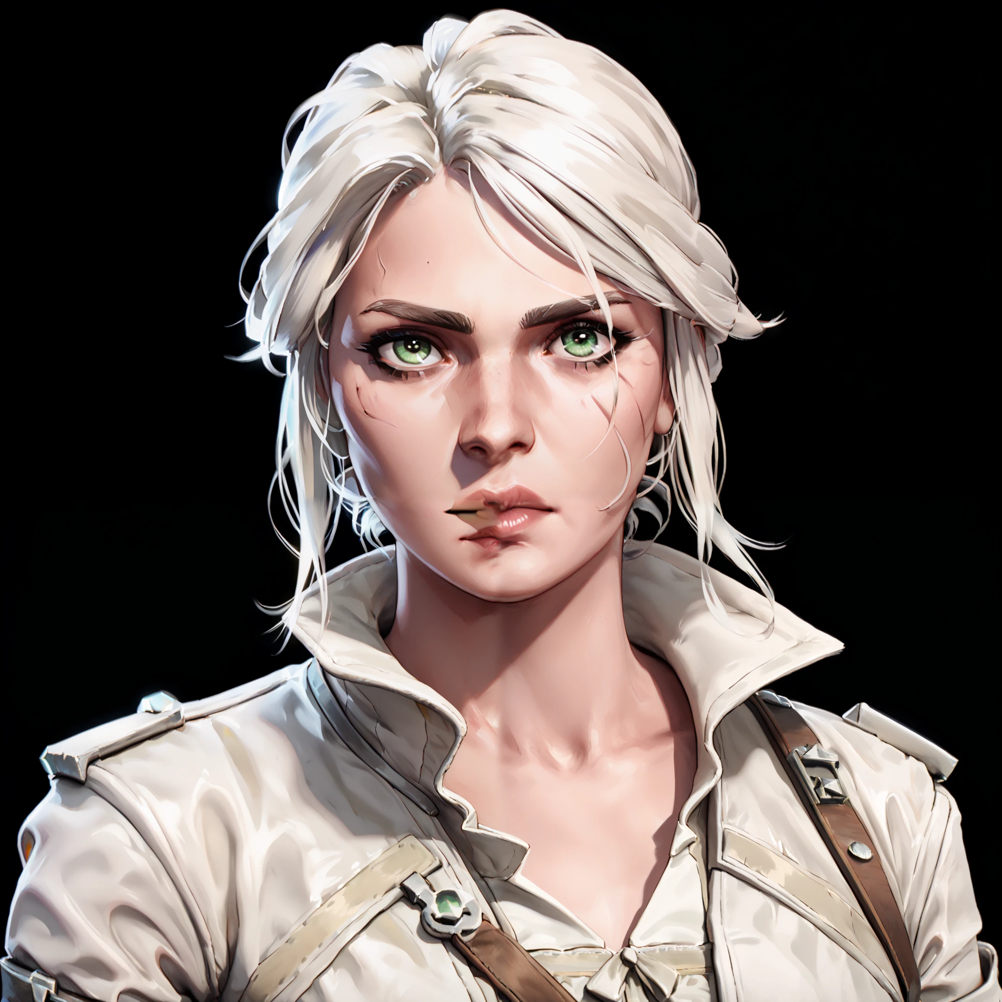 one woman, ciri, (green eyes:1.2), white hair, (upper body:1.3), (black background, clear background:1.5), (white military jacket:1.2), (studio lights, deep shadows:1.3), (small chest:1.2)