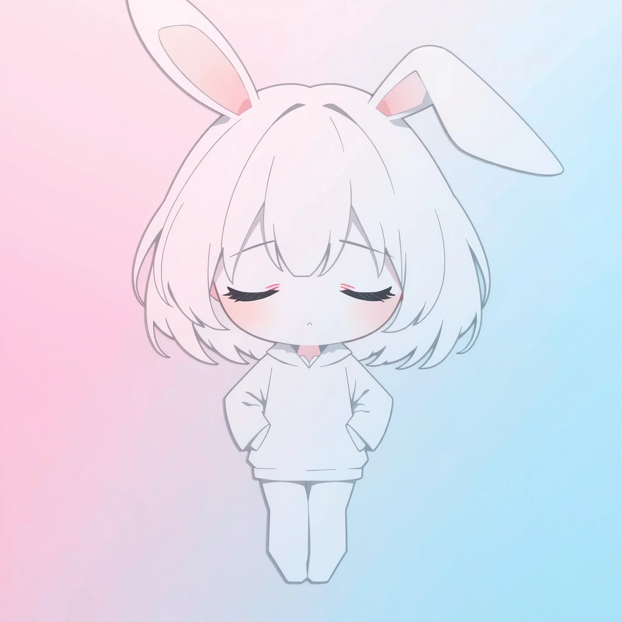 Flat Design, Silhouette Art,anime style, 1chibi character\(short hair, bunny ears, closed eyes,white skin,peaceful expression,[paper craft,grisaille:Pastel gradation color,dreamy Decalcomania:0.3],\),solo,gentle glow, gradient background,gray and soft blue and soft pink, focus on silhouette symmetry,best quality, minimalism, simple background, 