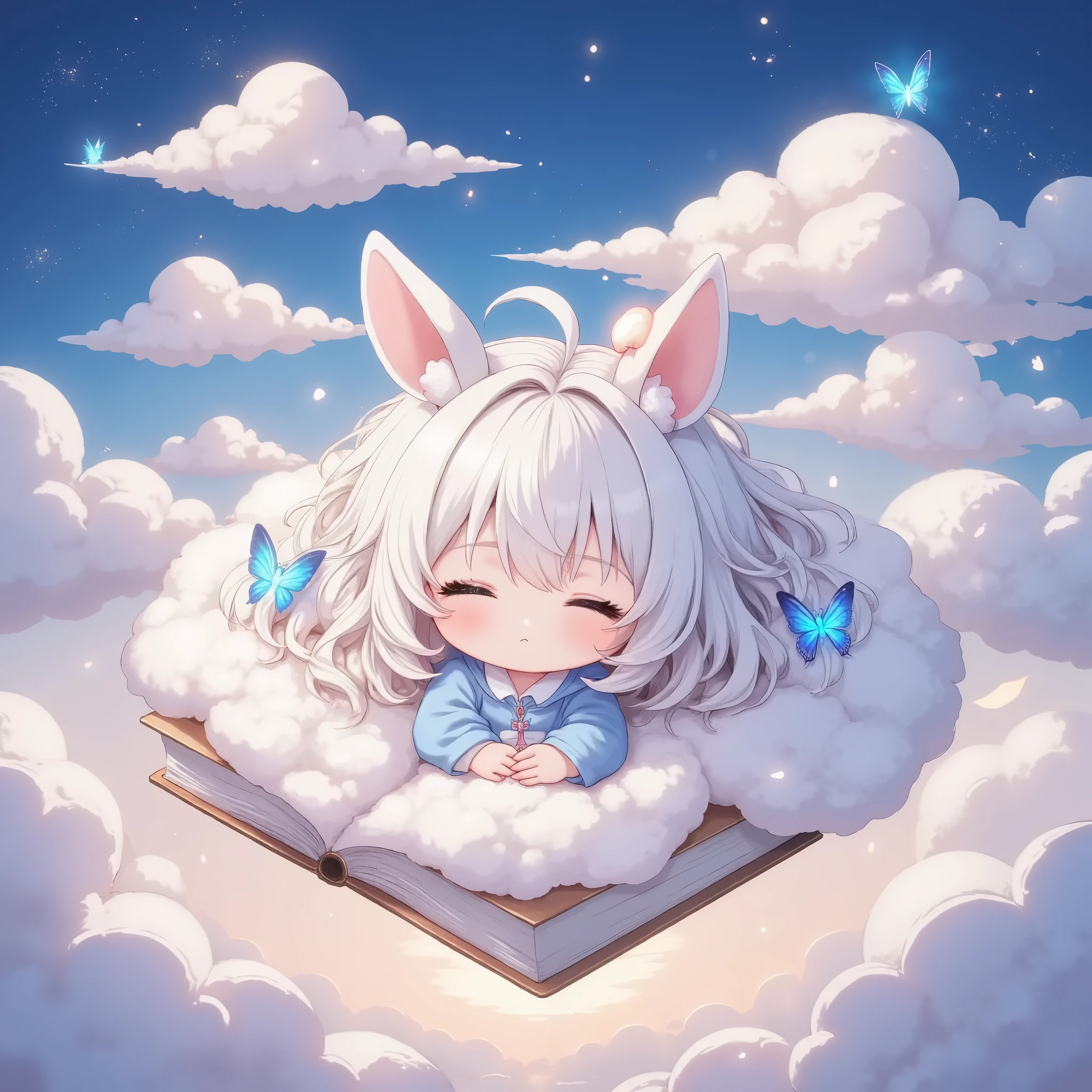 cloud painting style, dreamy and translucent, books floating as if made of clouds, chibi characters,solo,airy and ethereal designs, glowing butterflies and lanterns appearing as wisps of light, soft gradients and delicate textures, magical and serene atmosphere, highly detailed cloud-like elements