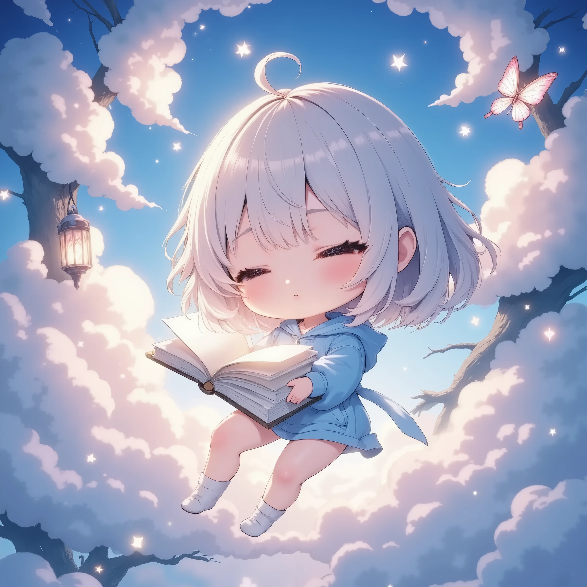 cloud painting style, dreamy and translucent, books floating as if made of clouds, chibi characters,solo,airy and ethereal designs, glowing butterflies and lanterns appearing as wisps of light, soft gradients and delicate textures, magical and serene atmosphere, highly detailed cloud-like elements