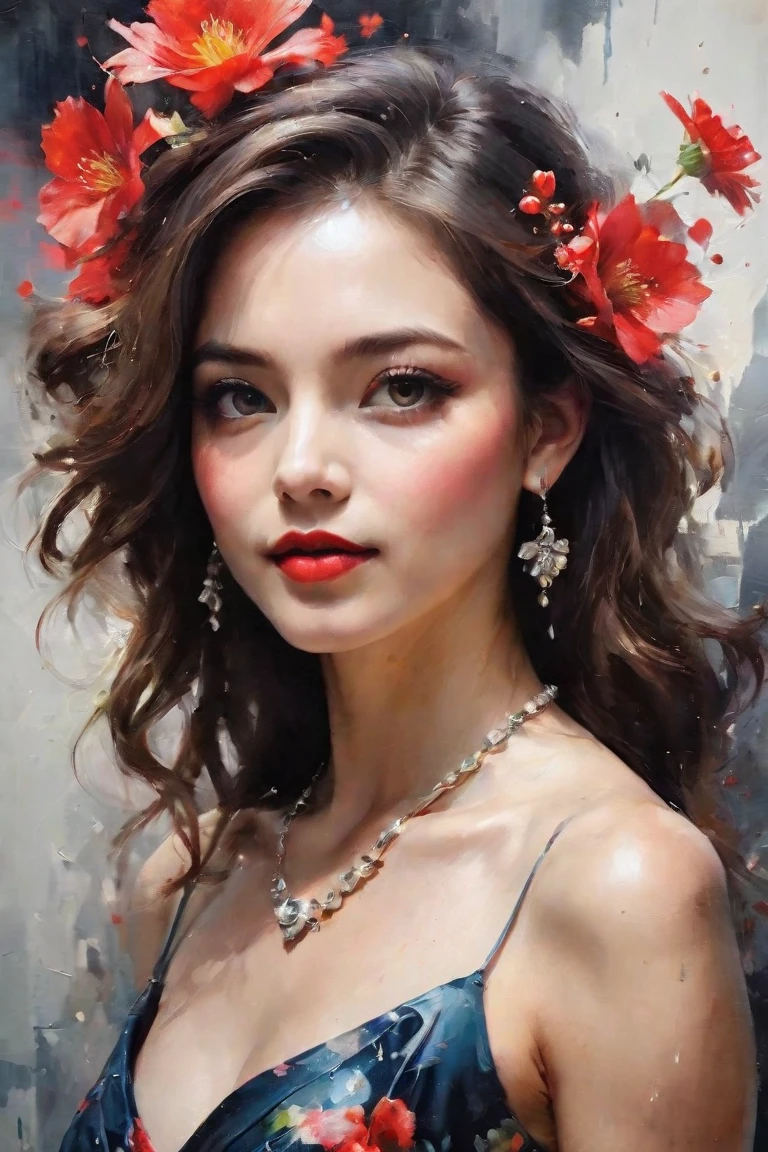 Create a contemporary portrait of Watercolor-based paint, a masterpiece. beautiful
realistic woman, detailed face, crystal clear amber
eyes, red lipstick, flowing brown hair, dry red flower
in hair, delicate earrings and necklace, shiny red and &
black satin floral dress, exposed shoulders, flowers
background, portrayed from the knees up, stunning
image, bokeh background, UHDWatercolor-based paint, (((pictured from the knees
up))) a masterpiece, create shadows and
depth, evoking a sense of modern
elegance and
emotional intensity